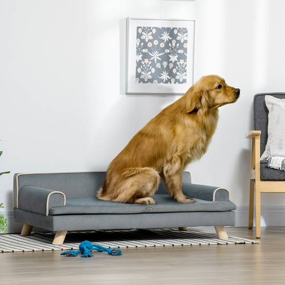 Canapé pour chien chat design scandinave coussin moelleux amovible pieds bois massif 100 x 62 x 32 cm gris - Image 3