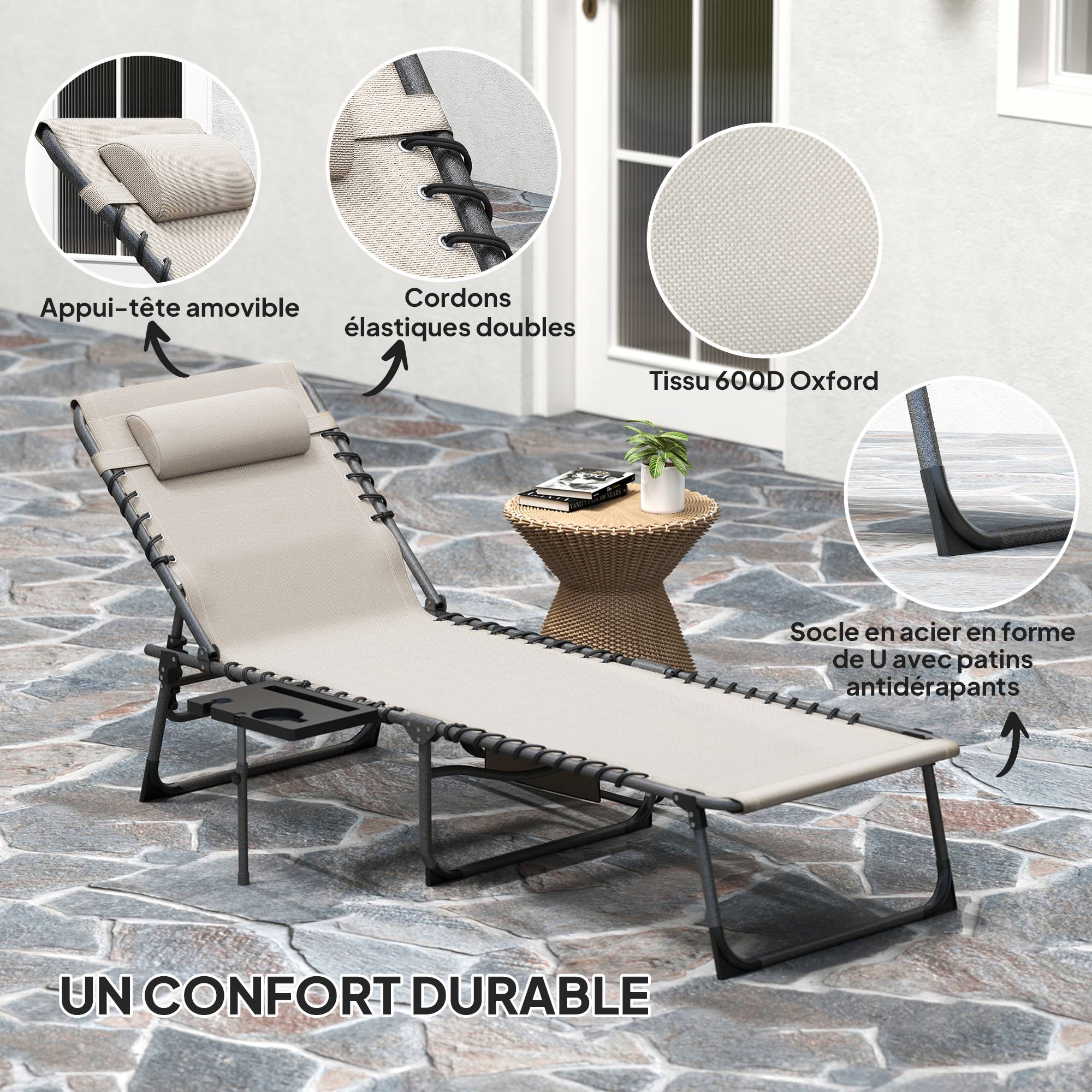 ComfortXL - Bain de soleil pliant Tissu Oxford Jardin Dossier réglable 190x60cm Crème - ComfortXL Outdoor Living - Image 7