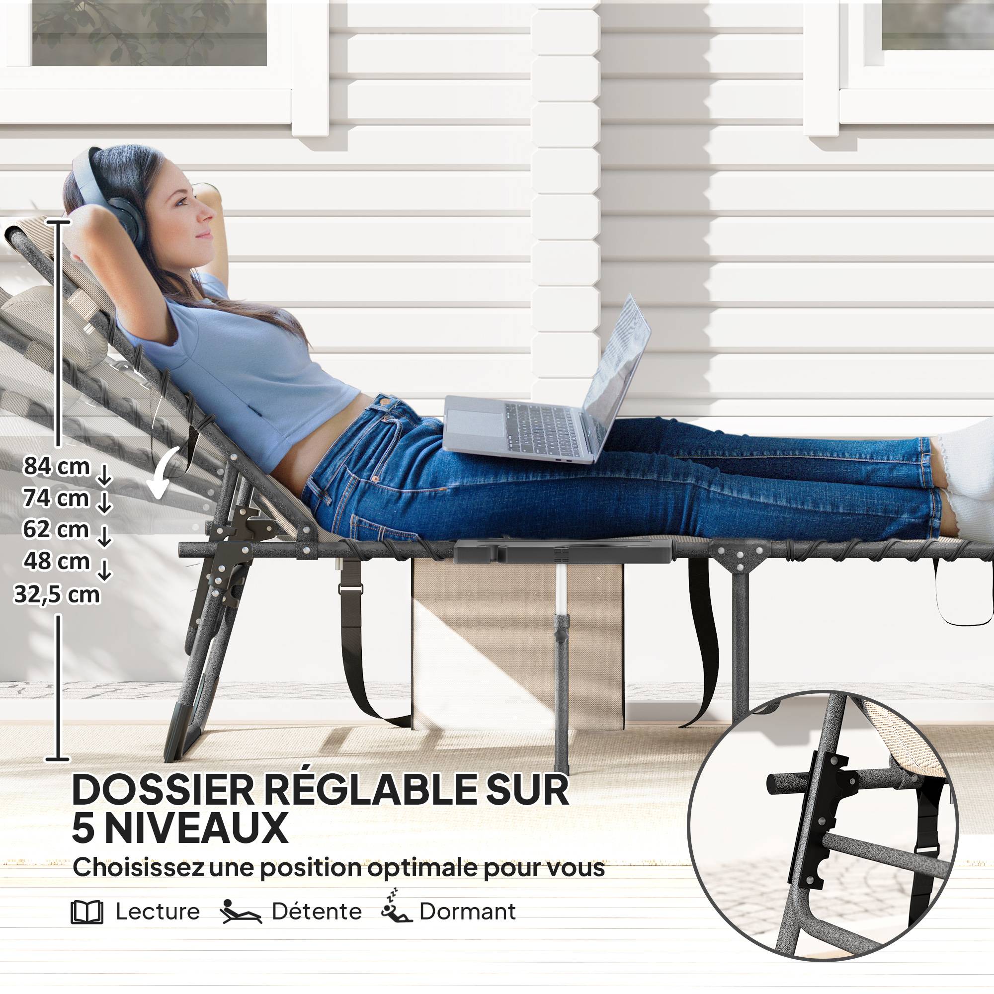 ComfortXL - Bain de soleil pliant Tissu Oxford Jardin Dossier réglable 190x60cm Crème - ComfortXL Outdoor Living - Image 6