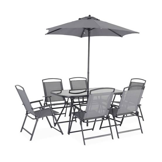 Table de jardin acier avec parasol + 6 assises. anthracite. structure acier avec revêtement anti rouille | sweeek - Image 2