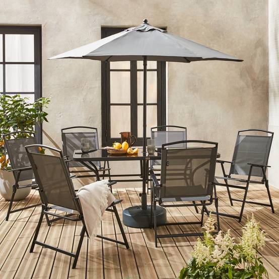 Table de jardin acier avec parasol + 6 assises. anthracite. structure acier avec revêtement anti rouille | sweeek - Image 1