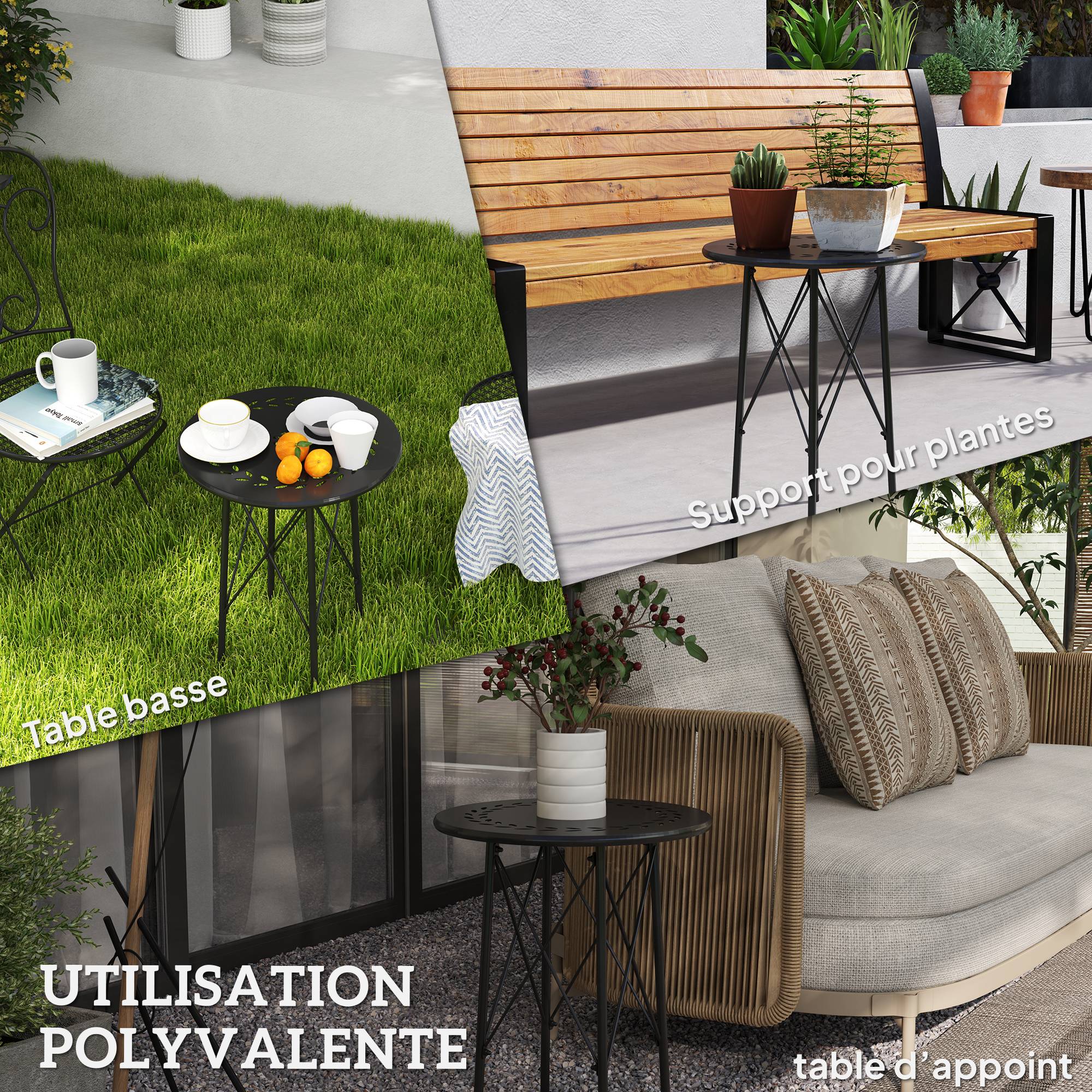 Petite table d'appoint ronde, table de jardin, avec découpe en forme de fleur et feuilles, en acier, Ø 40 x 50 cm, noir - Image 9