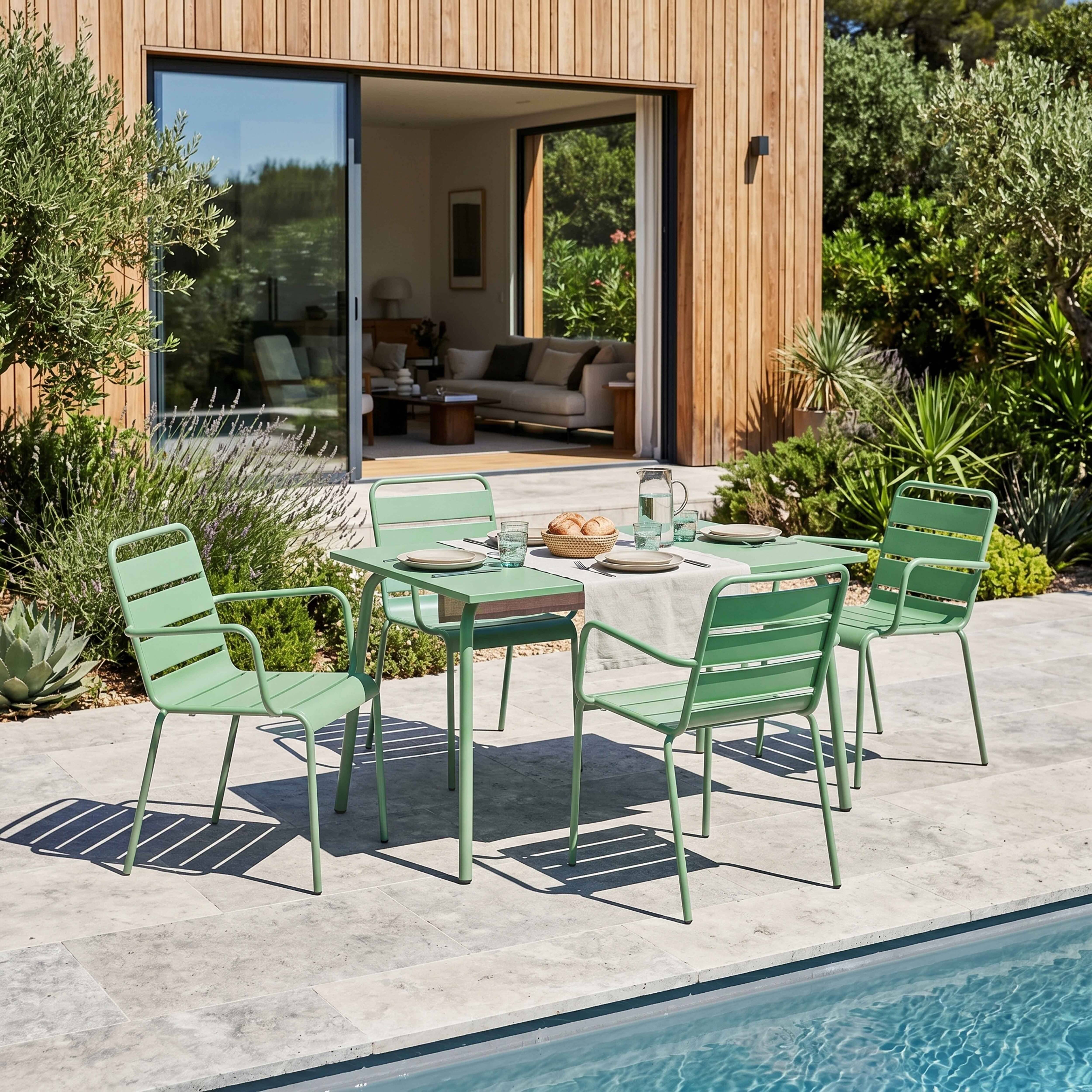 Oviala - Ensemble table de jardin et 4 fauteuils en métal vert sauge Palavas - Oviala - Imagen 2