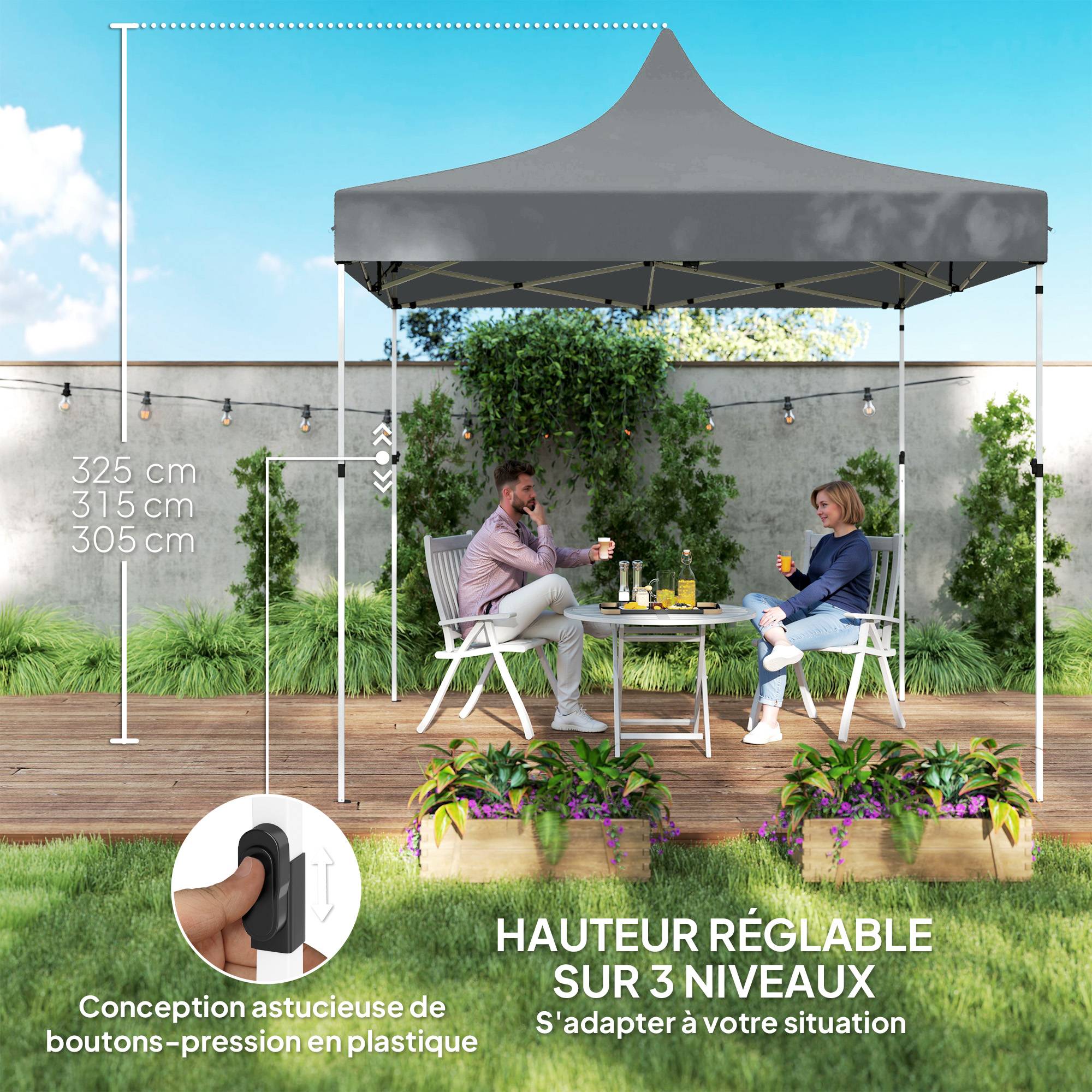 ComfortXL - Tonnelle pliante Oxford pour jardin et réception protection UV hauteur réglable 3x3m gris - ComfortXL Outdoor Living - Image 9