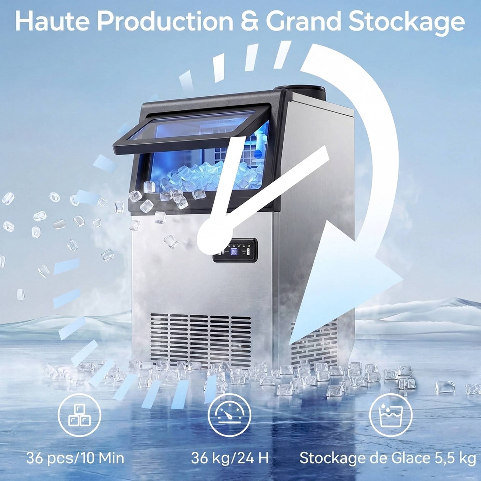 Machine à glaçons commerciale 36kg/24h, acier inoxydable, réserve 5,5kg, 36 glaçons en 10min - Image 6