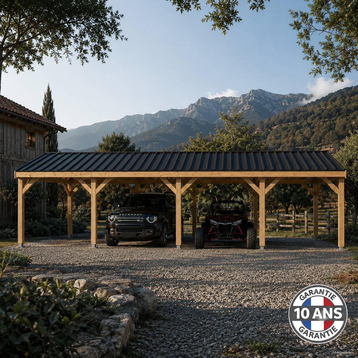Cpbf Charpentes - Carport bois 2 pentes en bois douglas 63 m², 10 poteaux. Abri voiture extérieur. Garantie 10 ans.