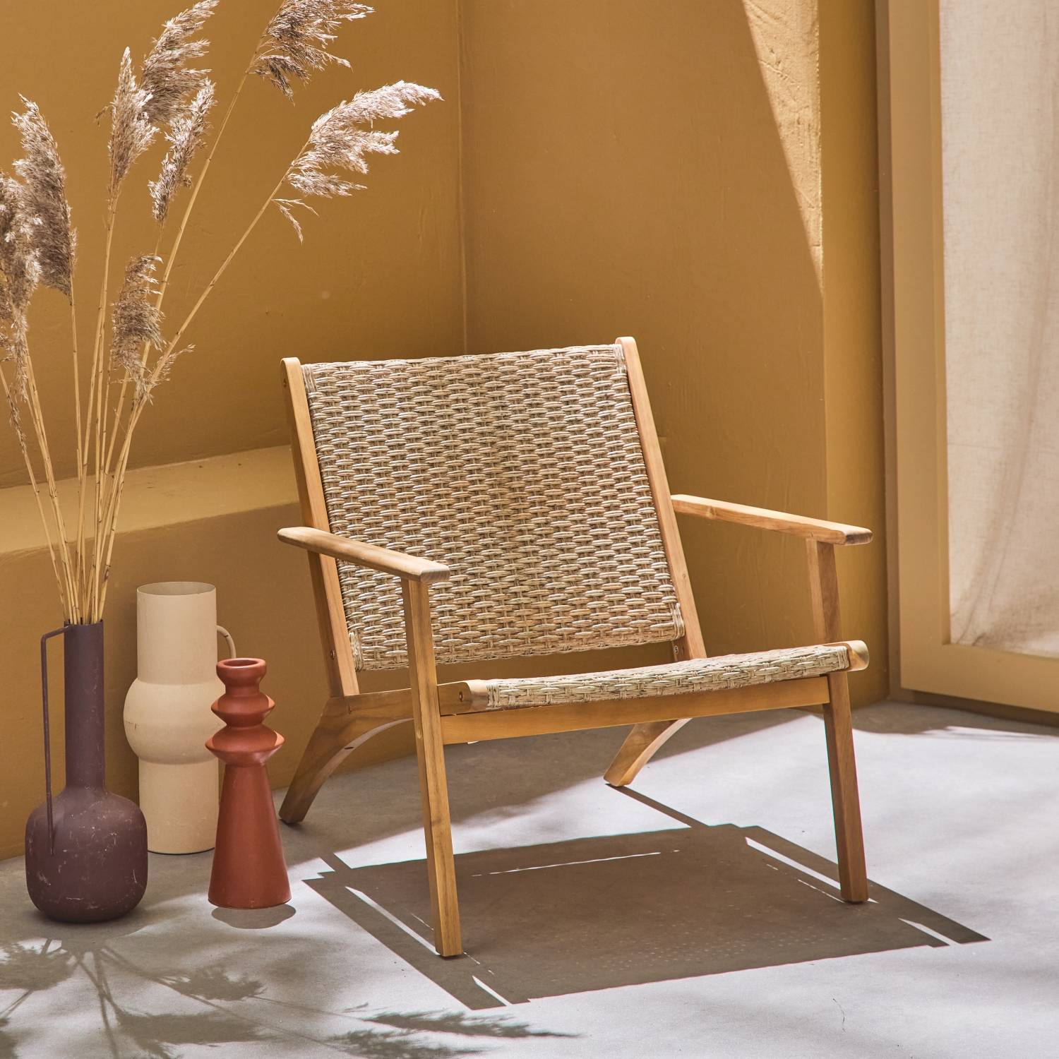 sweeek - Fauteuil relax en bois d'acacias et résine. dossier et assise effet paillage. 62 x 78 x 67 cm BELIZE | sweeek - Image 1