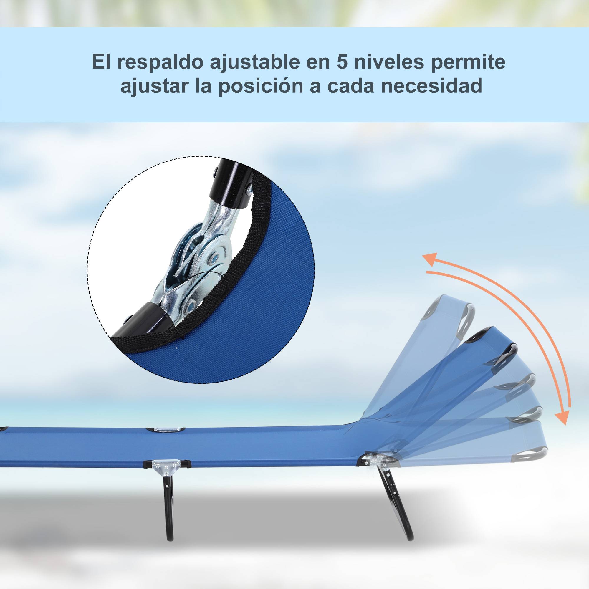 Transat Pliable Inclinable 5 Positions, 120 kg, Jardin/Piscine/Terrasse/Camping, 188 x 56 x 28 cm, Bleu - Image 5