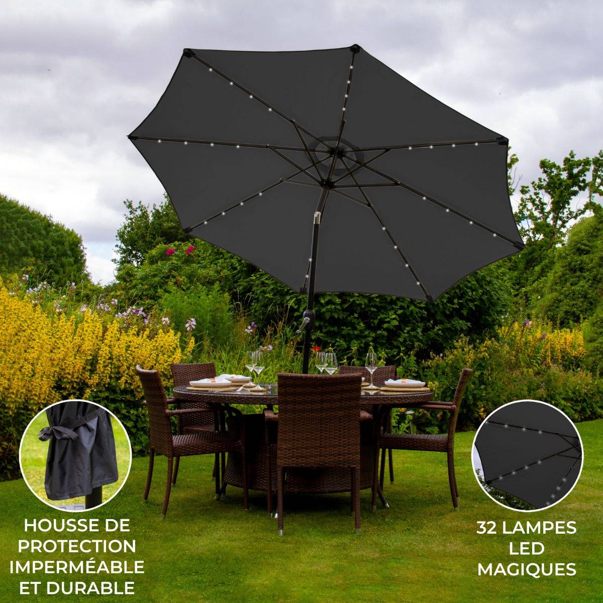 Monstershop - Parasol Gris 270 cm avec 32 LED's Intégrés - Image 2