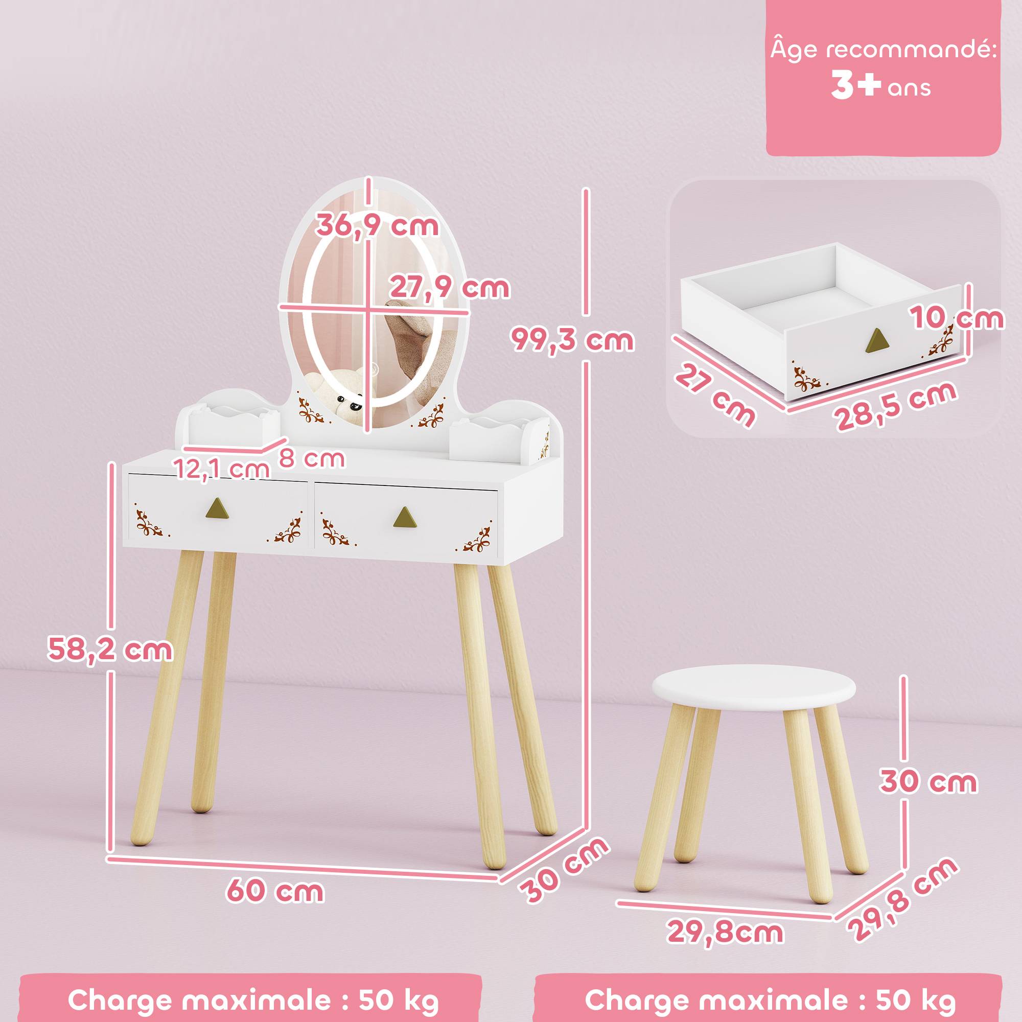 Sans Marque - Coiffeuse pour enfant 2 en 1 bureau enfant fille avec miroir à LED 3 couleurs et tabouret 60x30x99,3 cm blanc - Image 5