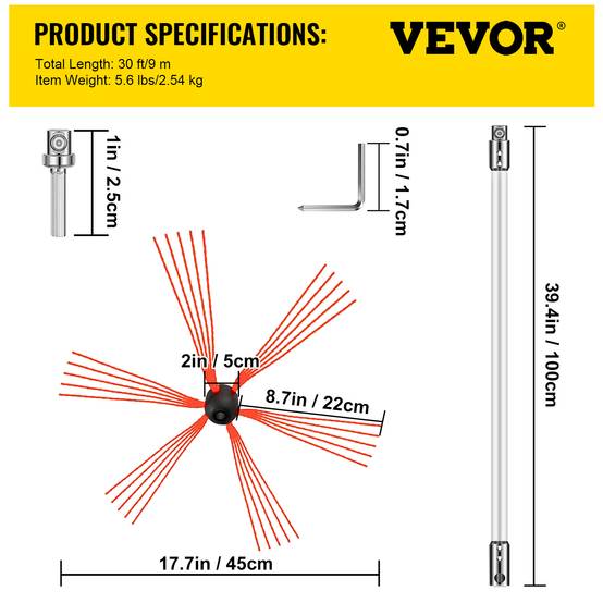 VEVOR Brosse cheminée 9 m, nylon, pour poêle pellet, métal, brique. - Image 7