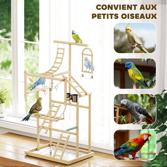 Aire jeux perroquet bois massif 4 niveaux échelle balançoire plateau 48x38x95cm naturel - ComfortXL Outdoor Living - Image 9