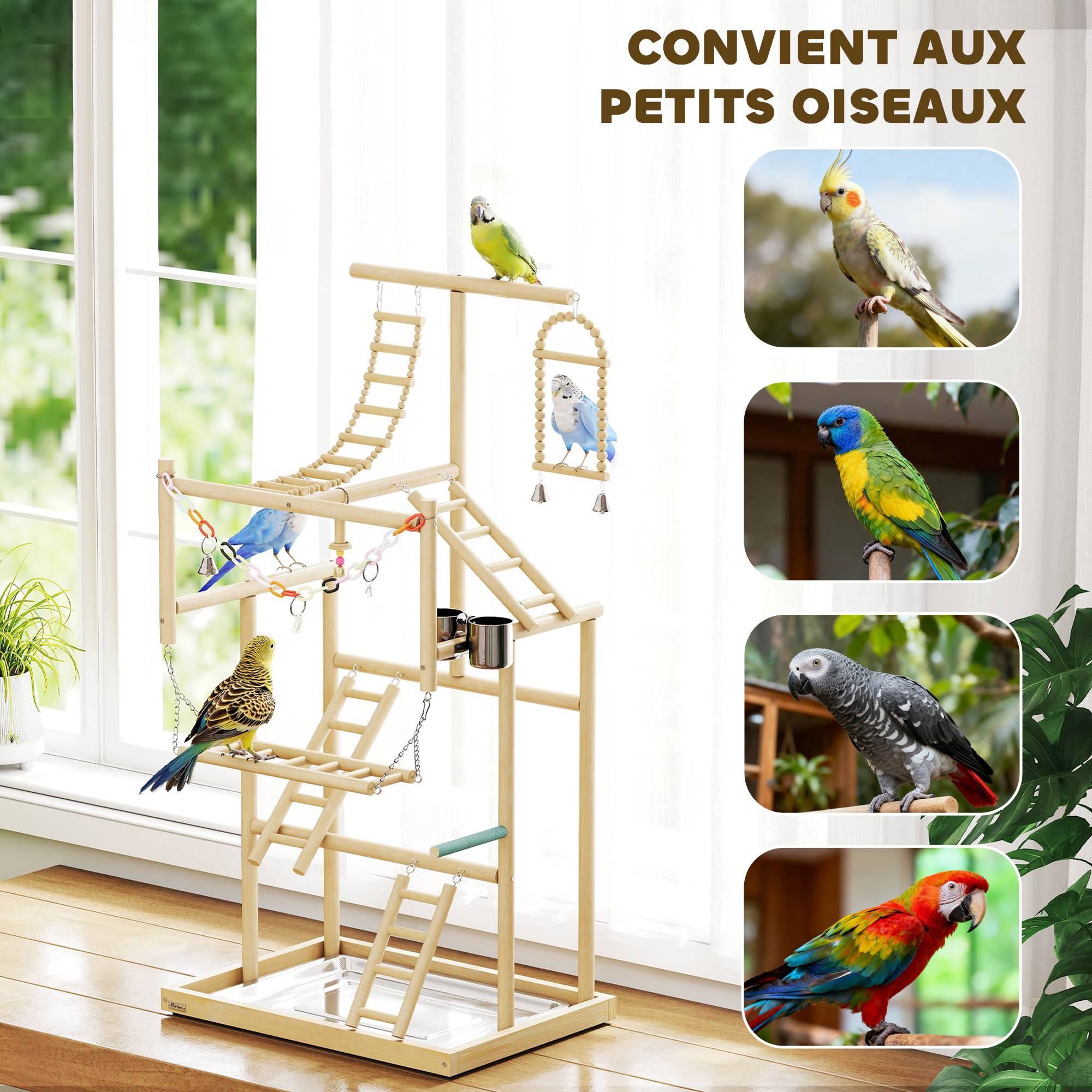Aire jeux perroquet bois massif 4 niveaux échelle balançoire plateau 48x38x95cm naturel - ComfortXL Outdoor Living - Image 9