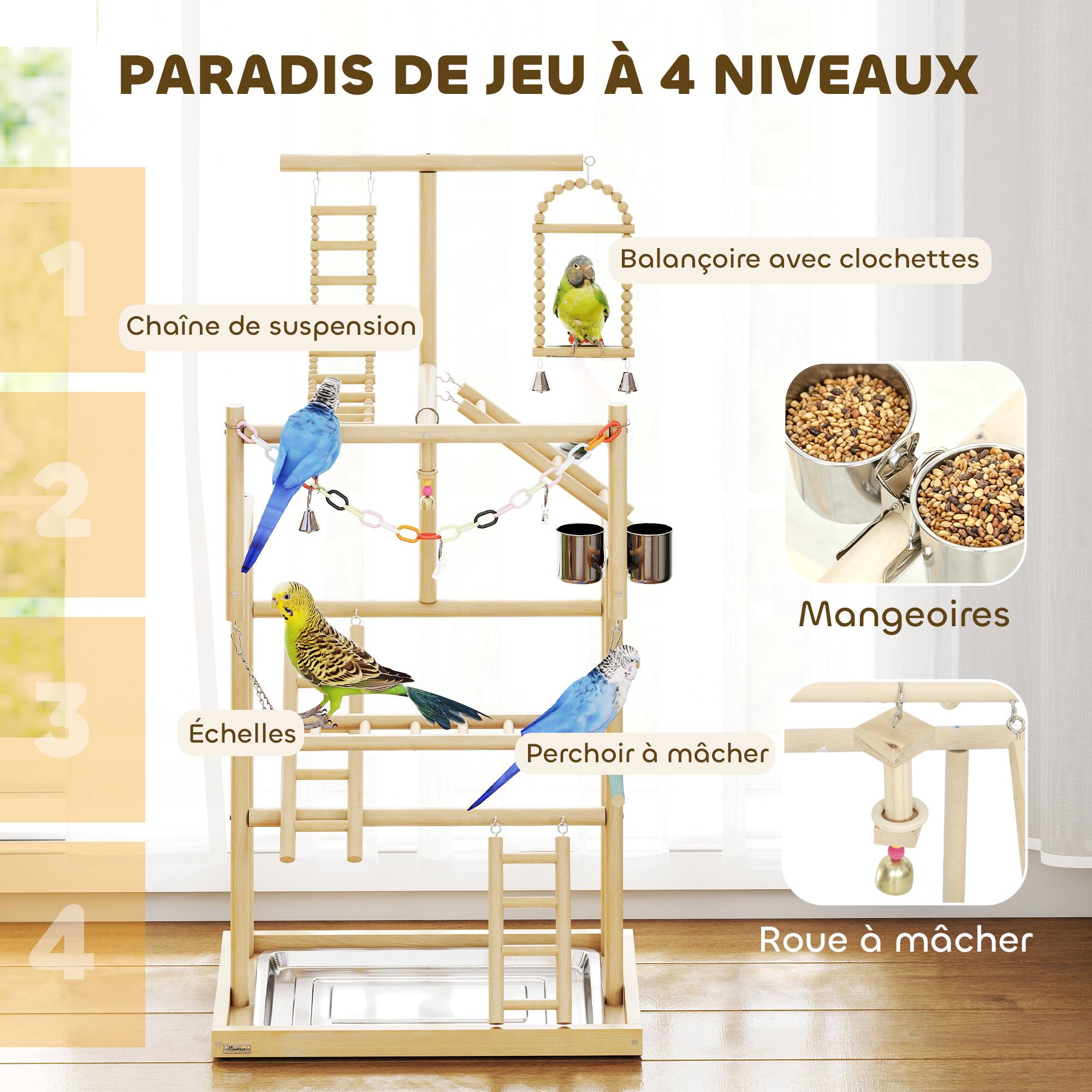 Aire jeux perroquet bois massif 4 niveaux échelle balançoire plateau 48x38x95cm naturel - ComfortXL Outdoor Living - Image 7