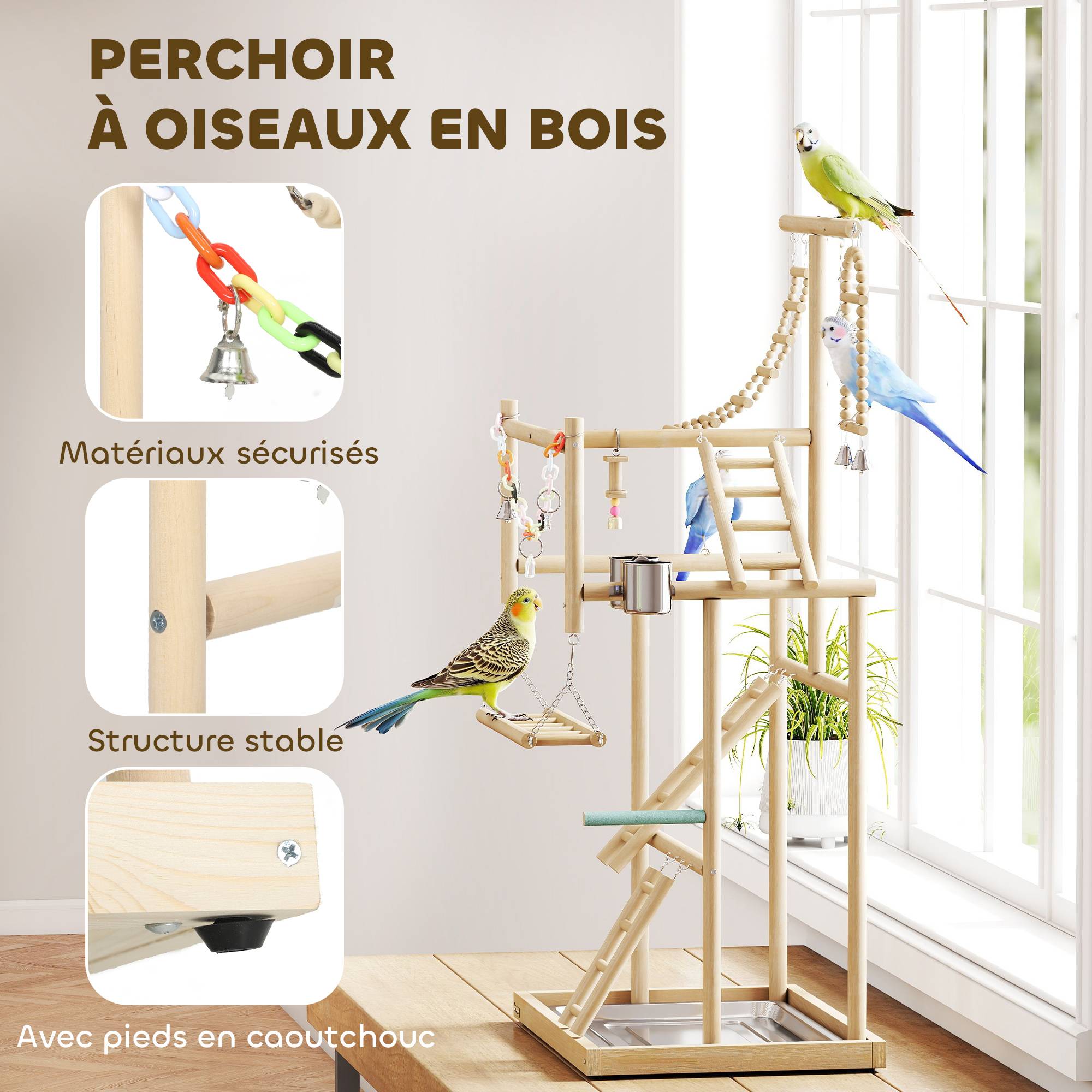 Aire jeux perroquet bois massif 4 niveaux échelle balançoire plateau 48x38x95cm naturel - ComfortXL Outdoor Living - Image 6