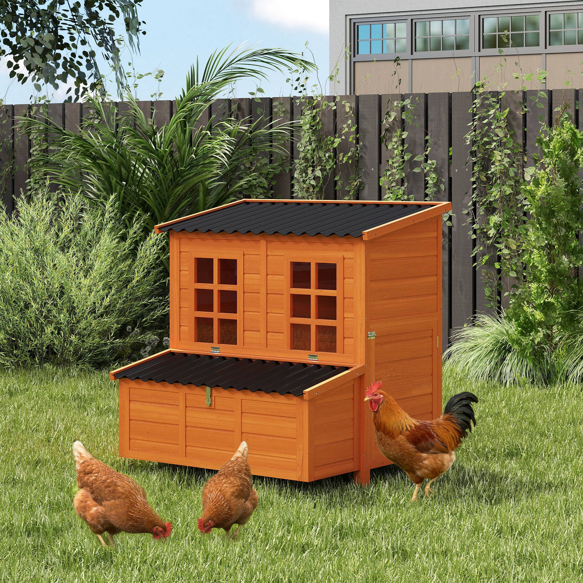 Poulailler avec pondoir pour 3-4 poules, toit étanche, sapin, plastique, 100 x 86 x 100 cm, orange - Image 4