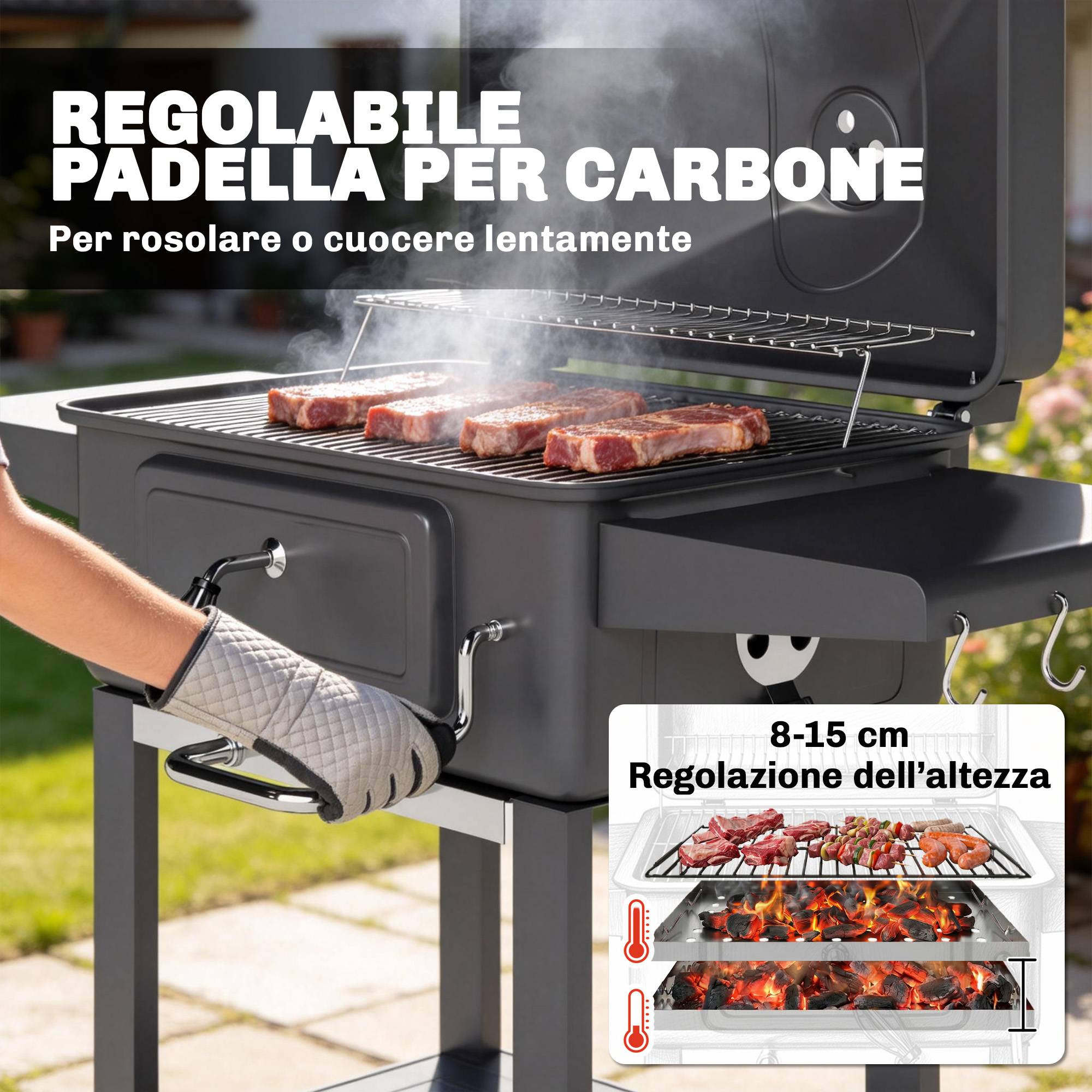 Barbecue charbon fumoir portable, ventilation, thermomètre, tablettes latérales noir - Image 7