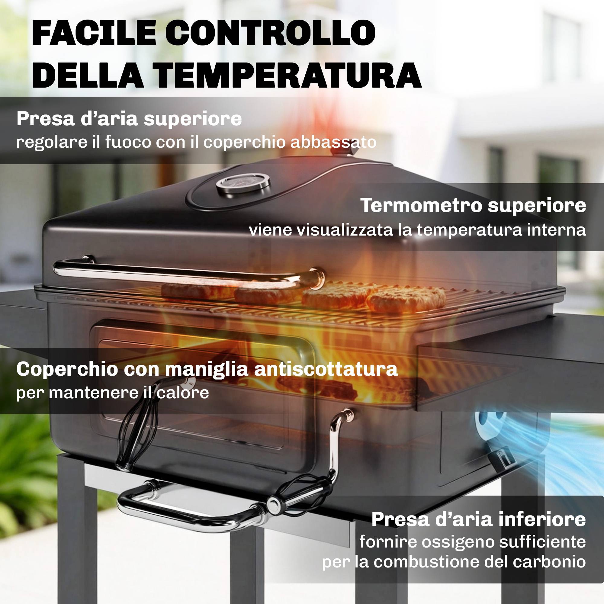 Barbecue charbon fumoir portable, ventilation, thermomètre, tablettes latérales noir - Image 8