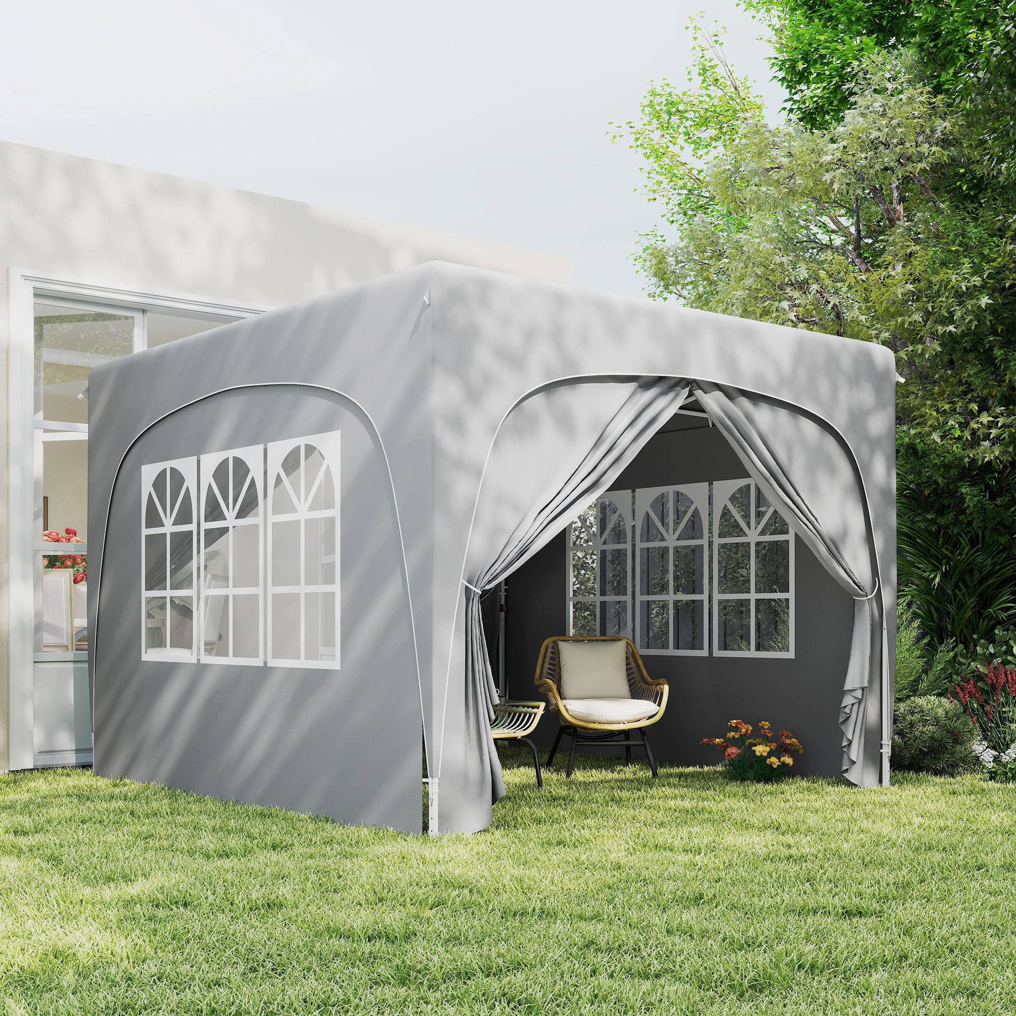 Tente pliante 3x3m avec 3 niveaux de hauteur réglables, 4 côtés, fenêtres et sac de transport, imperméable UPF50+, grise - Image 9