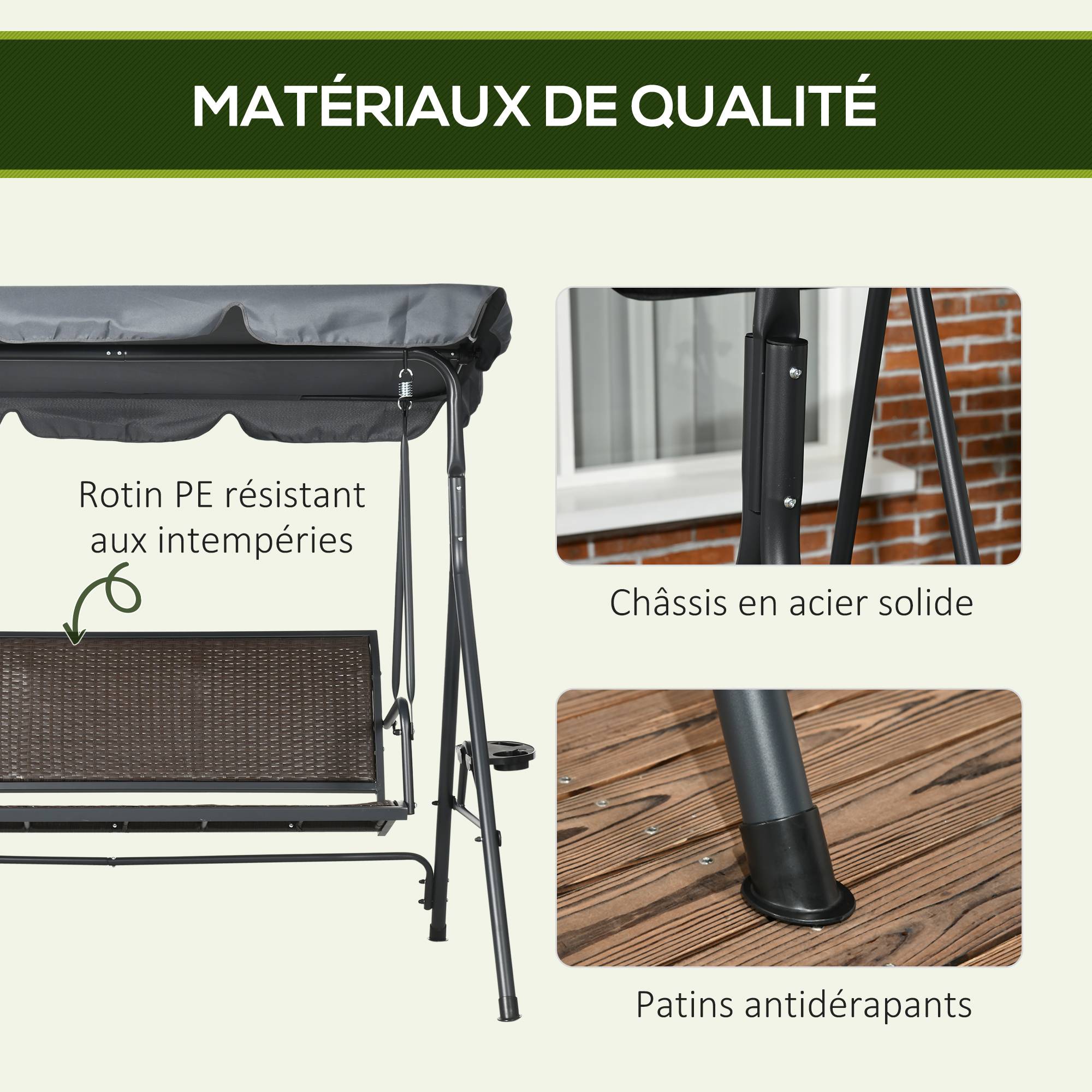 Outsunny - Balancelle de jardin 3 places - auvent réglable, plateaux porte-gobelets - résine tressée PE brun acier polyester gris - Outsunny - Imagen 6