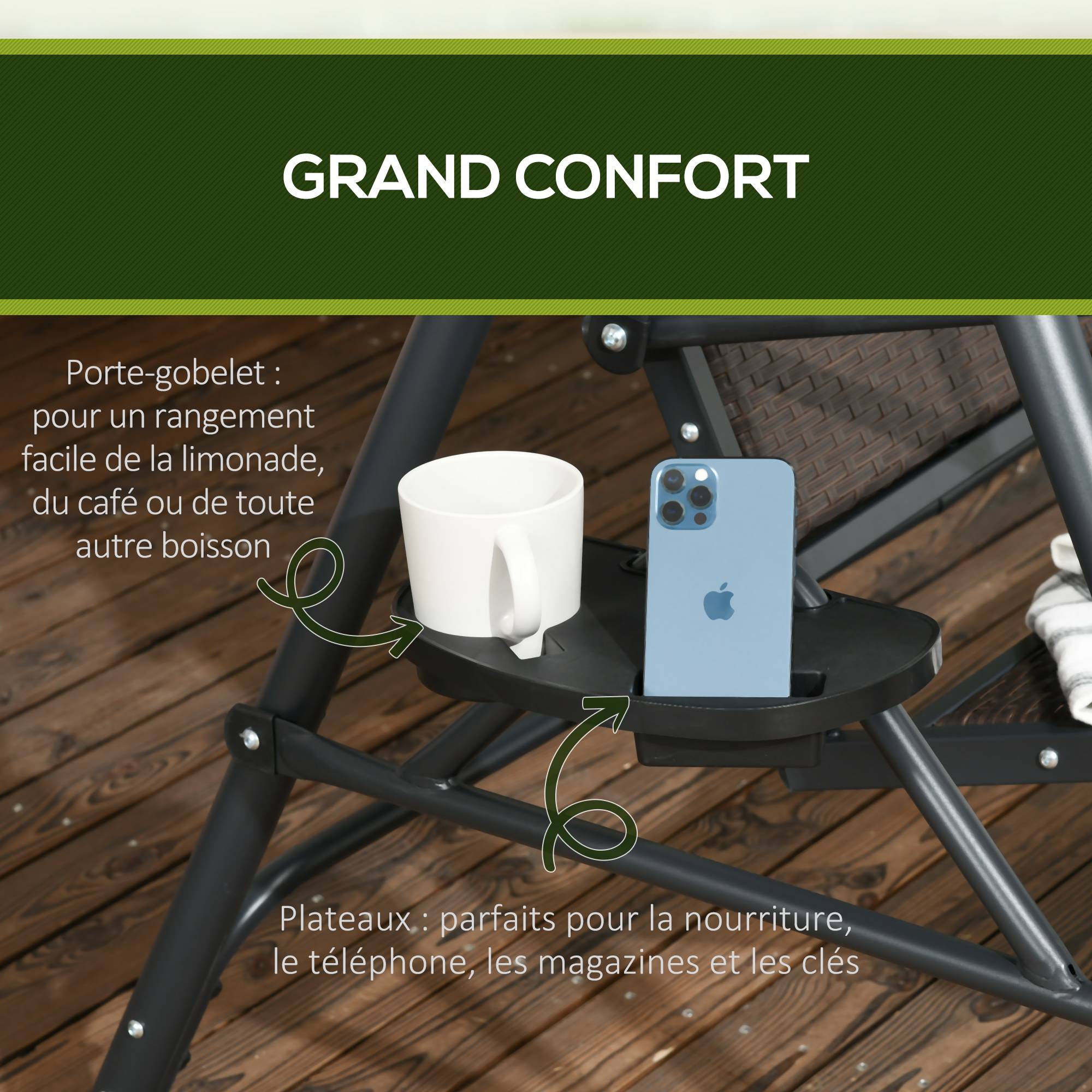 Outsunny - Balancelle de jardin 3 places - auvent réglable, plateaux porte-gobelets - résine tressée PE brun acier polyester gris - Outsunny - Imagen 7