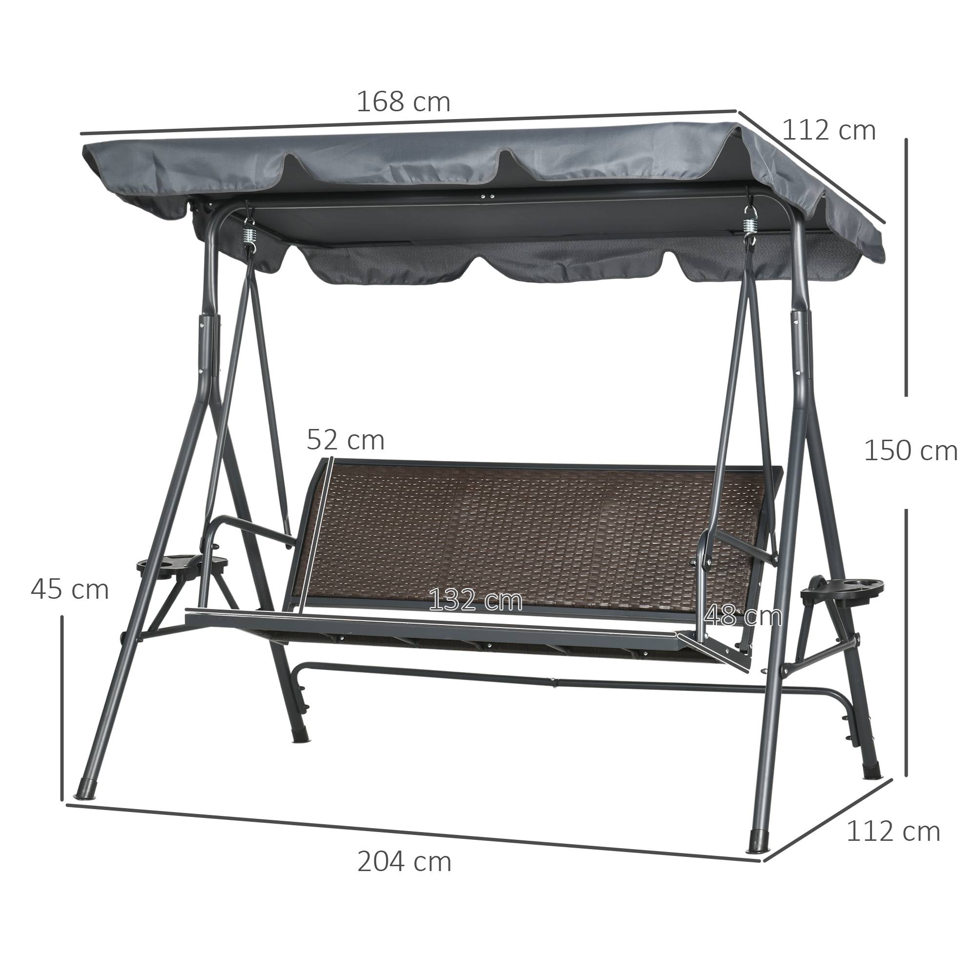 Outsunny - Balancelle de jardin 3 places - auvent réglable, plateaux porte-gobelets - résine tressée PE brun acier polyester gris - Outsunny - Imagen 3