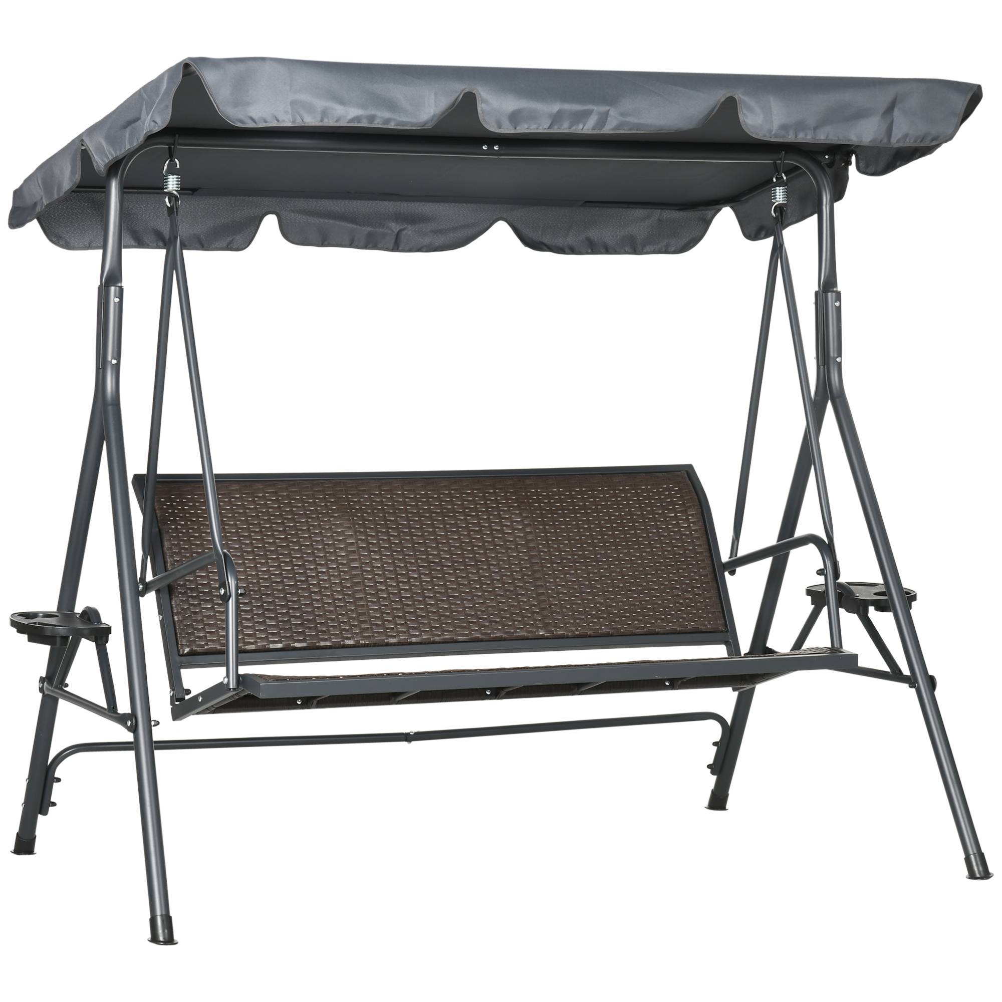 Outsunny - Balancelle de jardin 3 places - auvent réglable, plateaux porte-gobelets - résine tressée PE brun acier polyester gris - Outsunny - Imagen 1