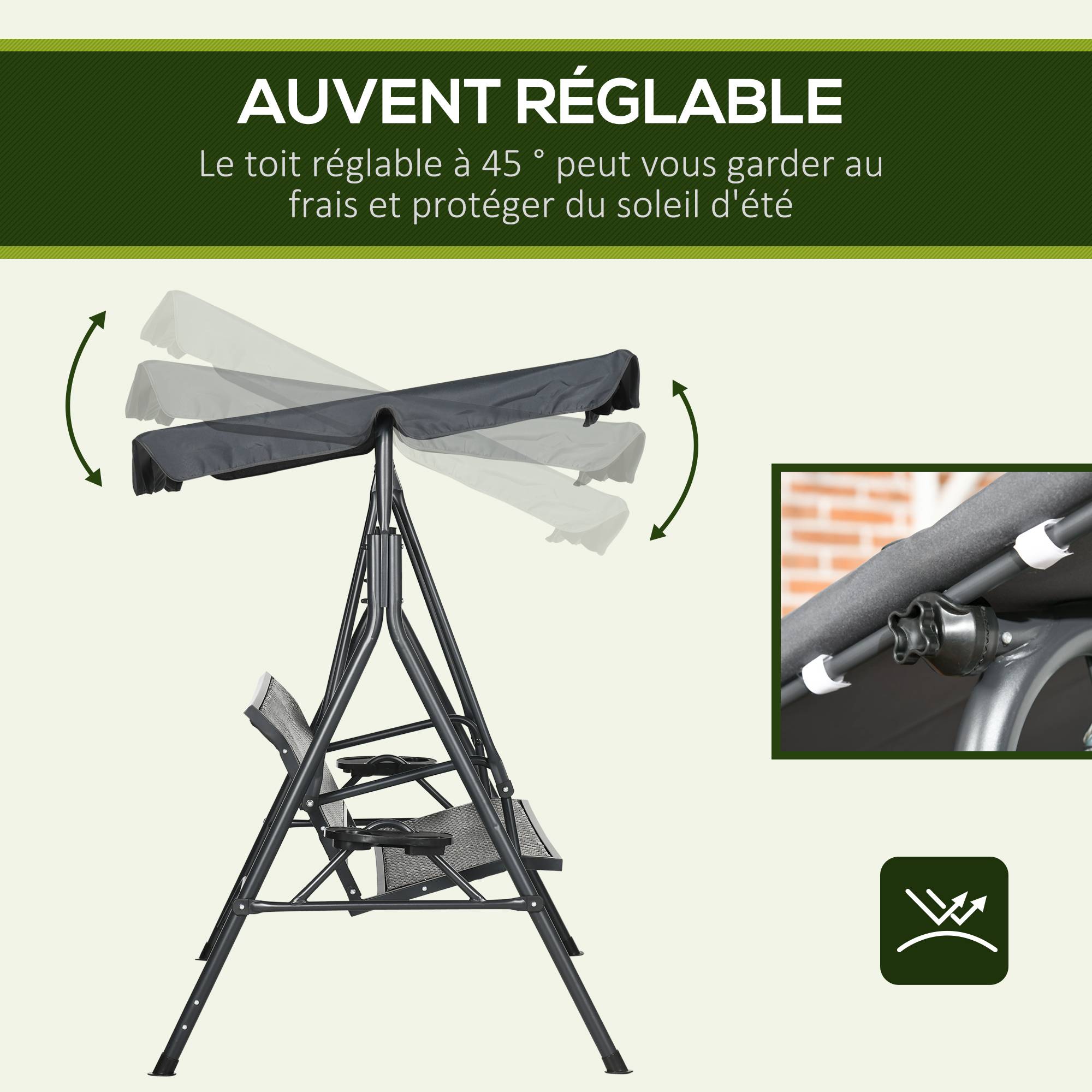 Outsunny - Balancelle de jardin 3 places - auvent réglable, plateaux porte-gobelets - résine tressée PE brun acier polyester gris - Outsunny - Imagen 5