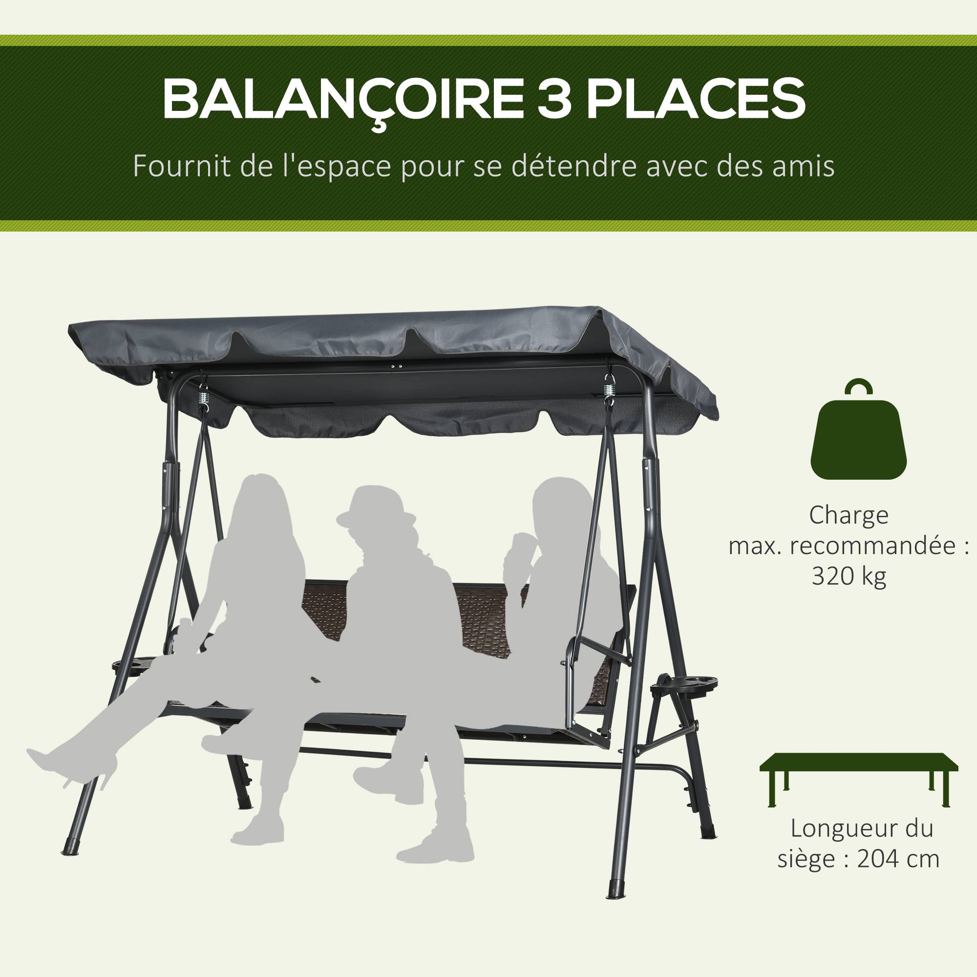Outsunny - Balancelle de jardin 3 places - auvent réglable, plateaux porte-gobelets - résine tressée PE brun acier polyester gris - Outsunny - Imagen 4
