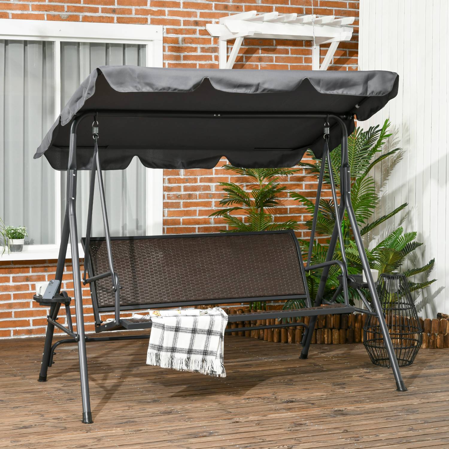 Outsunny - Balancelle de jardin 3 places - auvent réglable, plateaux porte-gobelets - résine tressée PE brun acier polyester gris - Outsunny - Imagen 2