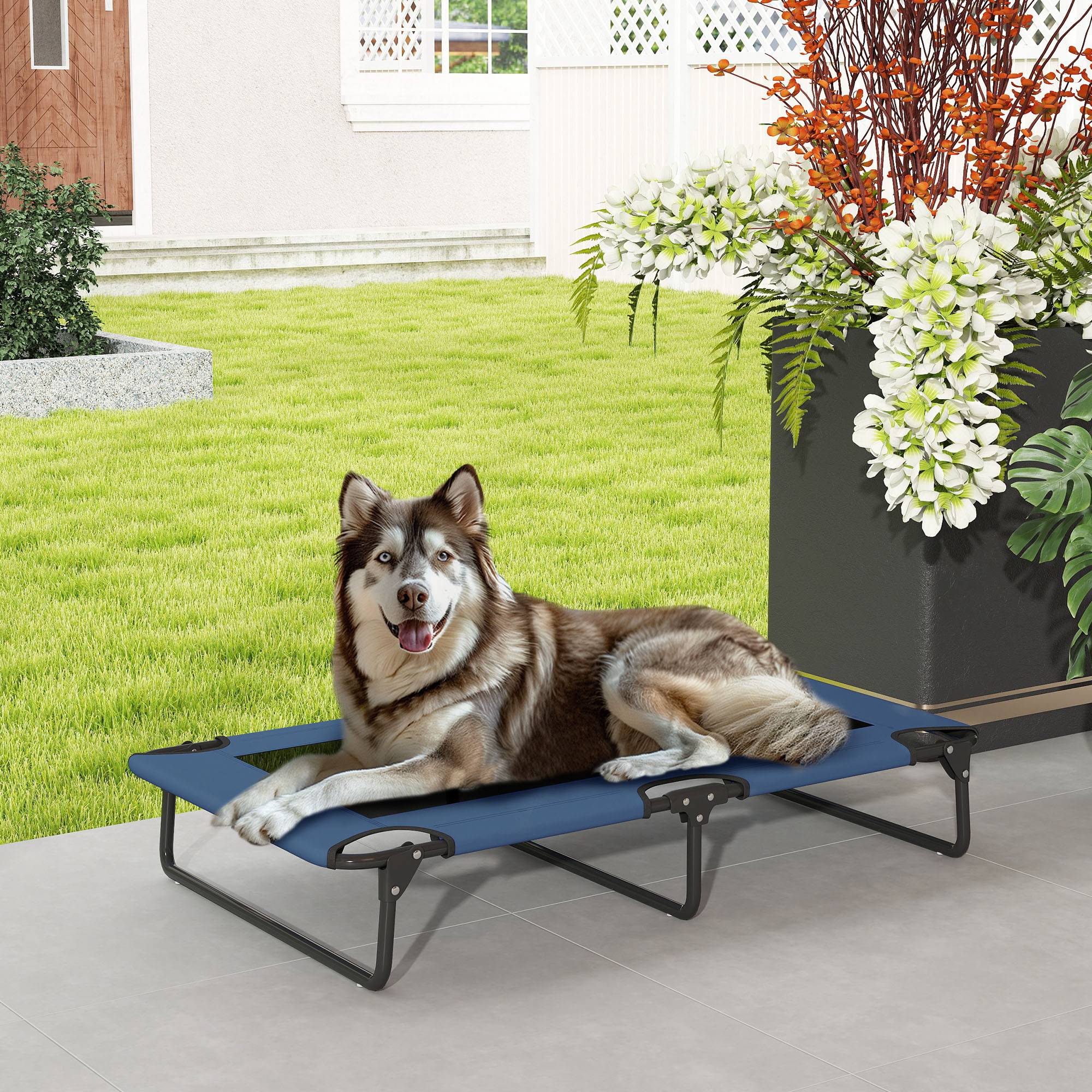 Lit surélevé pliable pour chien acier Oxford intérieur extérieur maille aérée 107cm bleu - ComfortXL Outdoor Living - Image 4