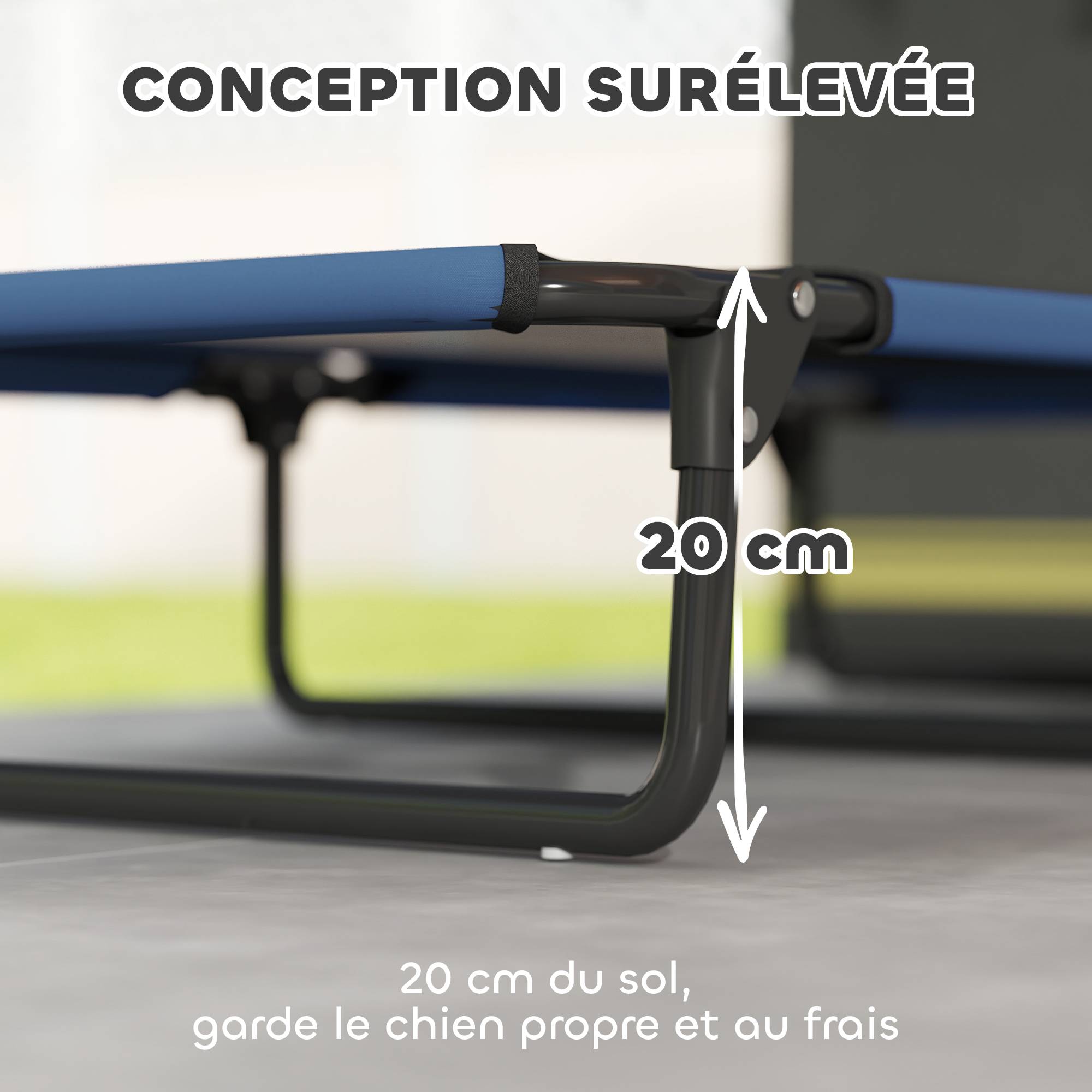 Lit surélevé pliable pour chien acier Oxford intérieur extérieur maille aérée 107cm bleu - ComfortXL Outdoor Living - Image 6