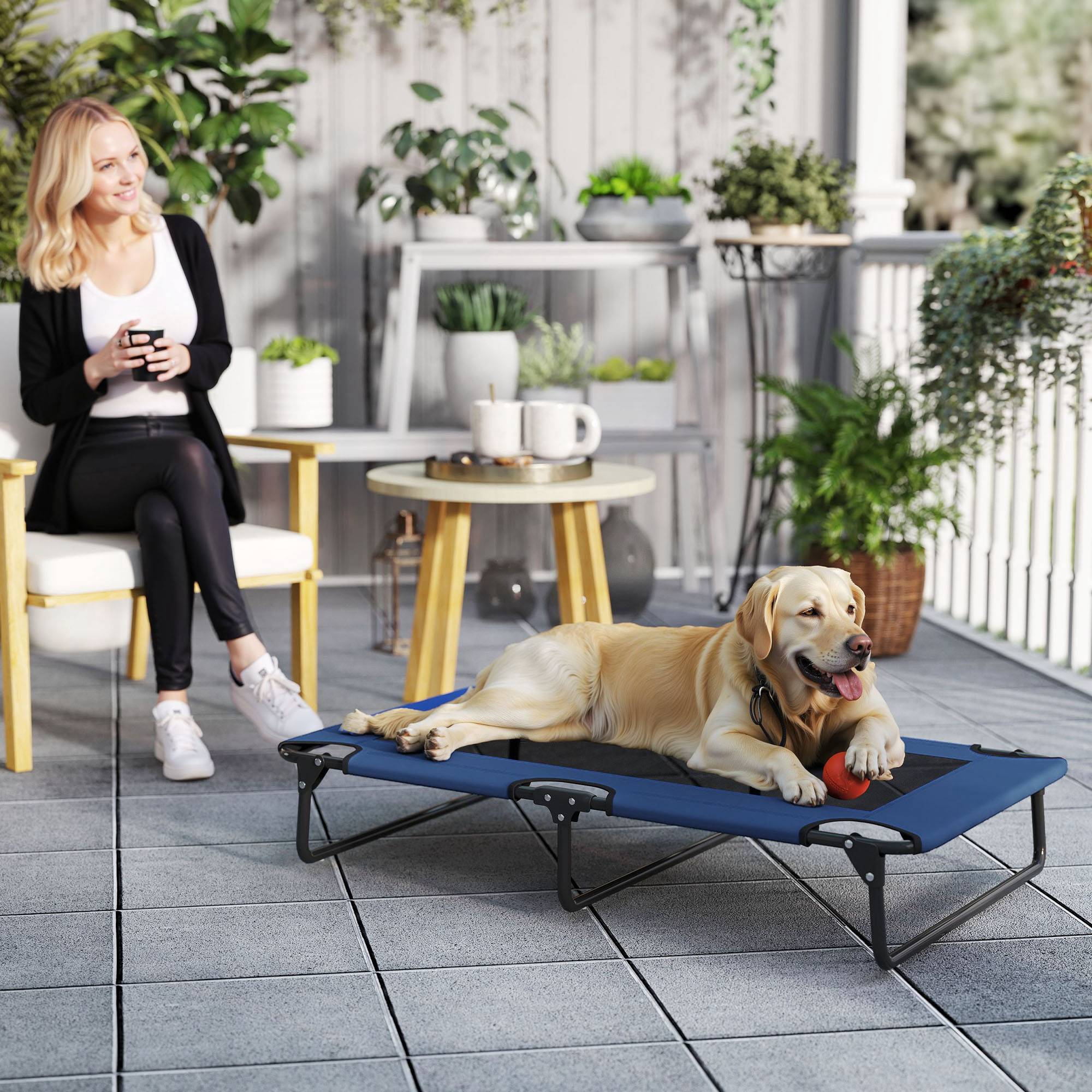Lit surélevé pliable pour chien acier Oxford intérieur extérieur maille aérée 107cm bleu - ComfortXL Outdoor Living - Image 3