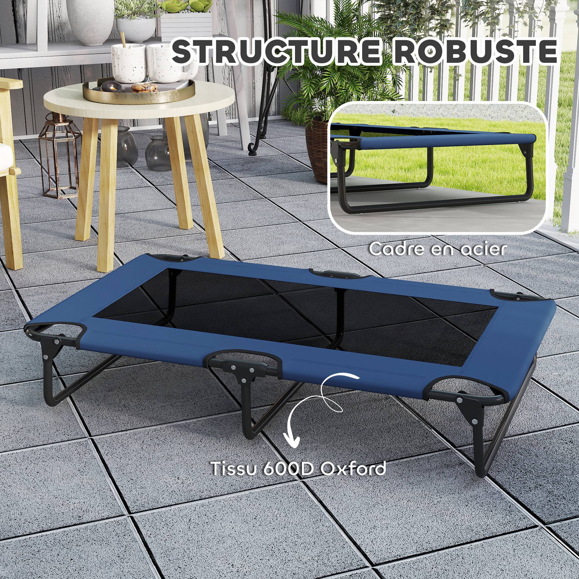 Lit surélevé pliable pour chien acier Oxford intérieur extérieur maille aérée 107cm bleu - ComfortXL Outdoor Living - Image 7