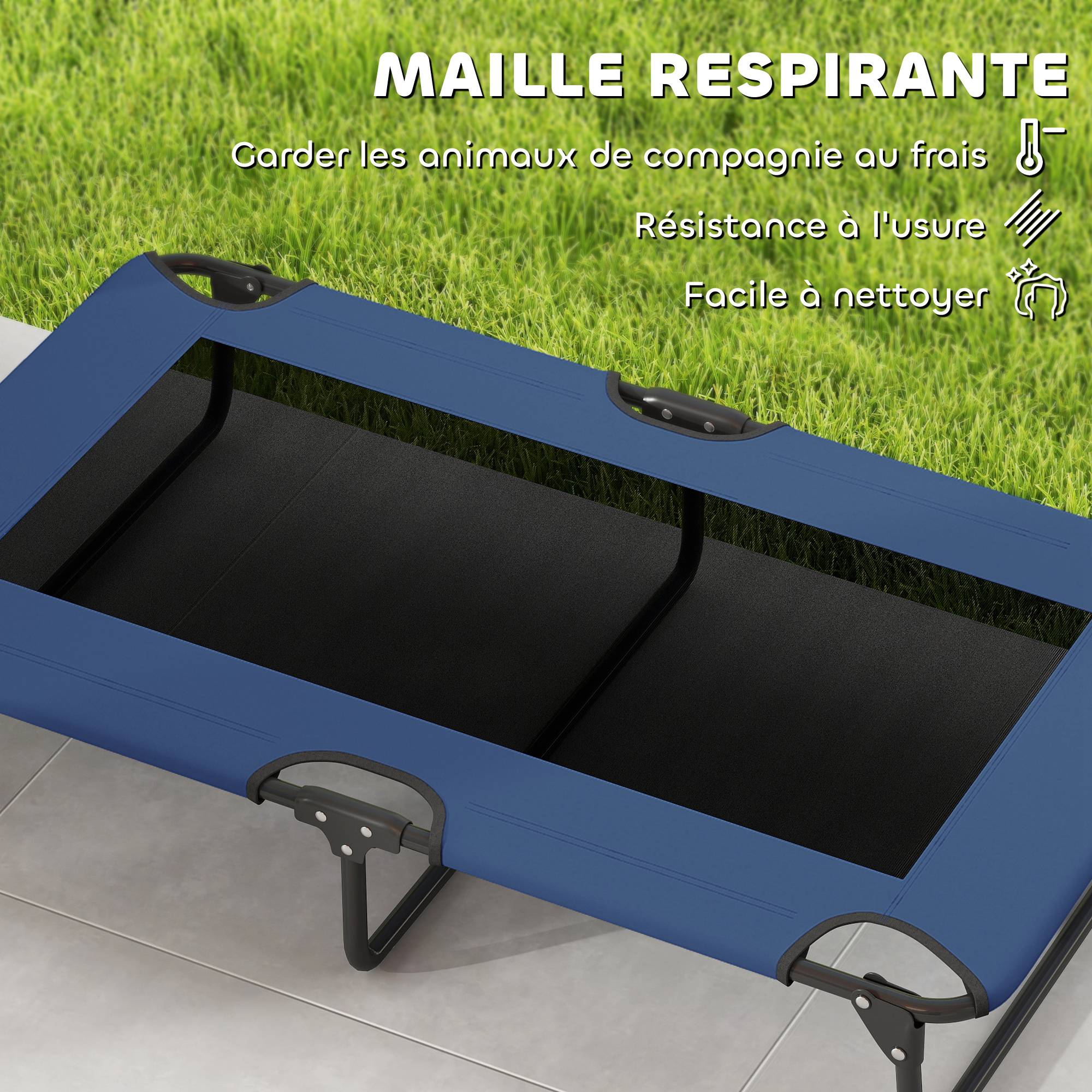 Lit surélevé pliable pour chien acier Oxford intérieur extérieur maille aérée 107cm bleu - ComfortXL Outdoor Living - Image 9