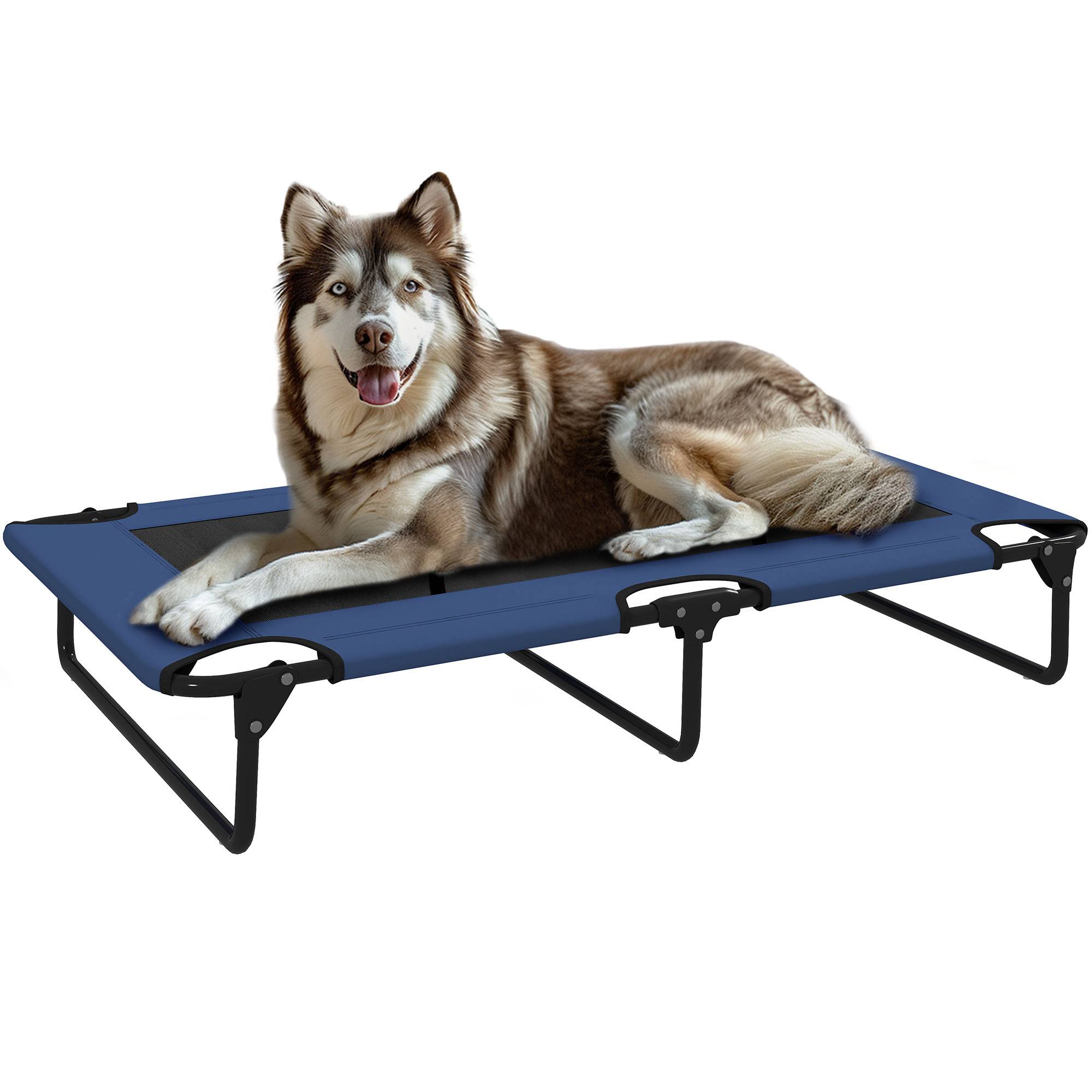 Lit surélevé pliable pour chien acier Oxford intérieur extérieur maille aérée 107cm bleu - ComfortXL Outdoor Living - Image 1