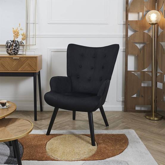ALTOBUY - Fauteuil Tissu velours côtelé noir et piétement hévéa laqué noir - HAMZA - Image 2