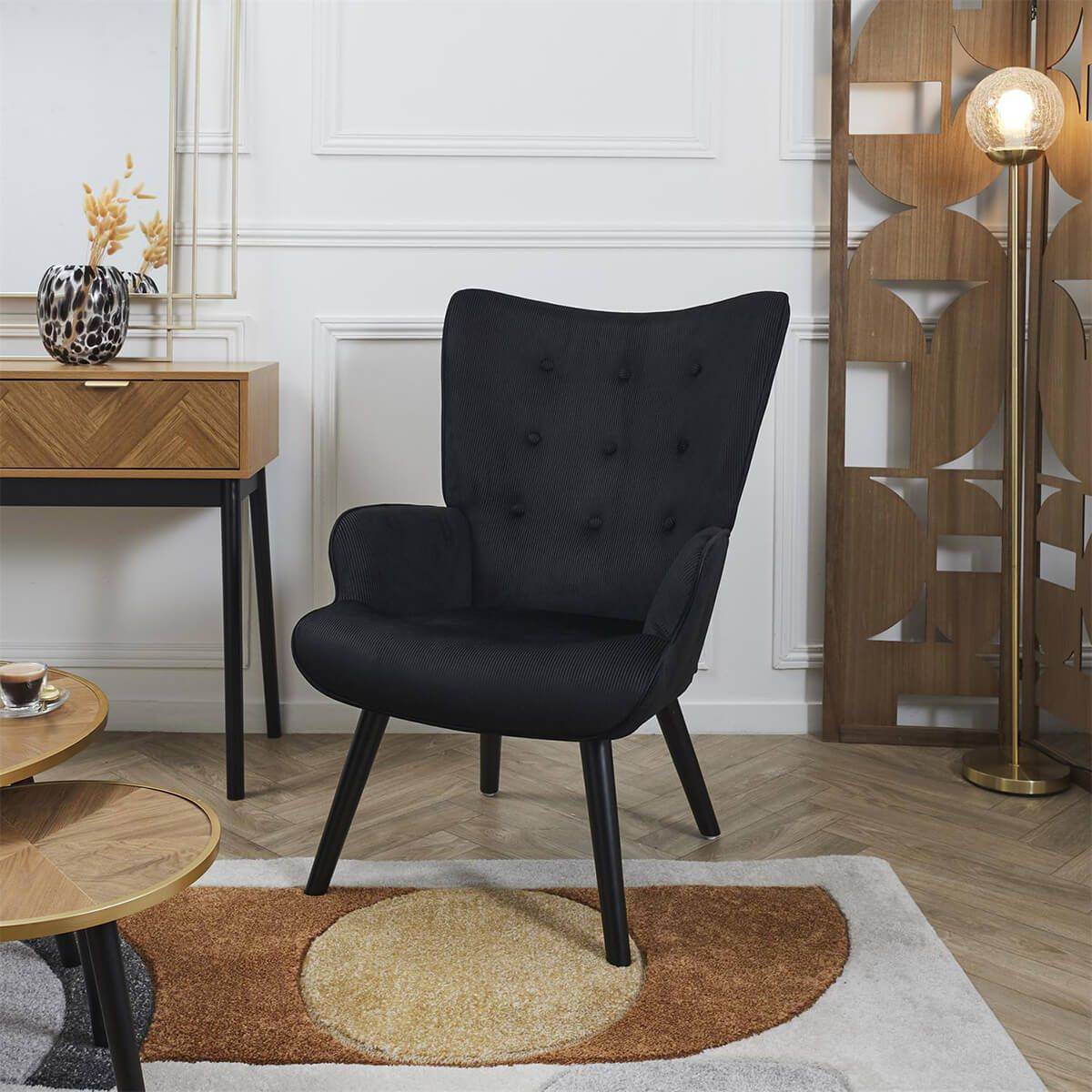 ALTOBUY - Fauteuil Tissu velours côtelé noir et piétement hévéa laqué noir - HAMZA - Image 2