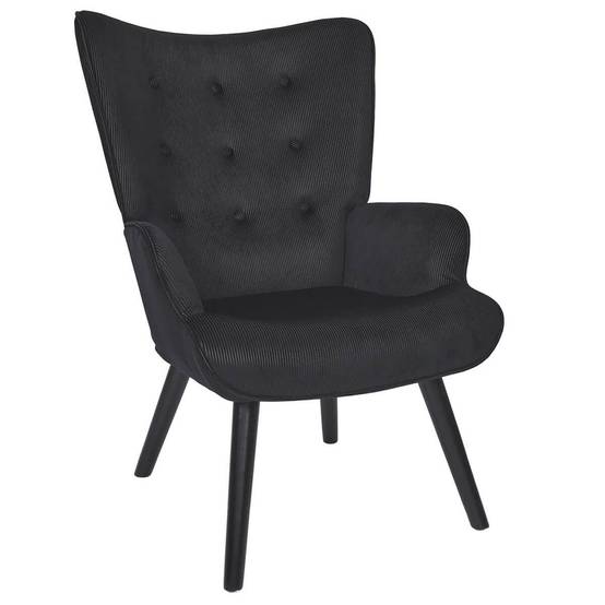 ALTOBUY - Fauteuil Tissu velours côtelé noir et piétement hévéa laqué noir - HAMZA - Image 1