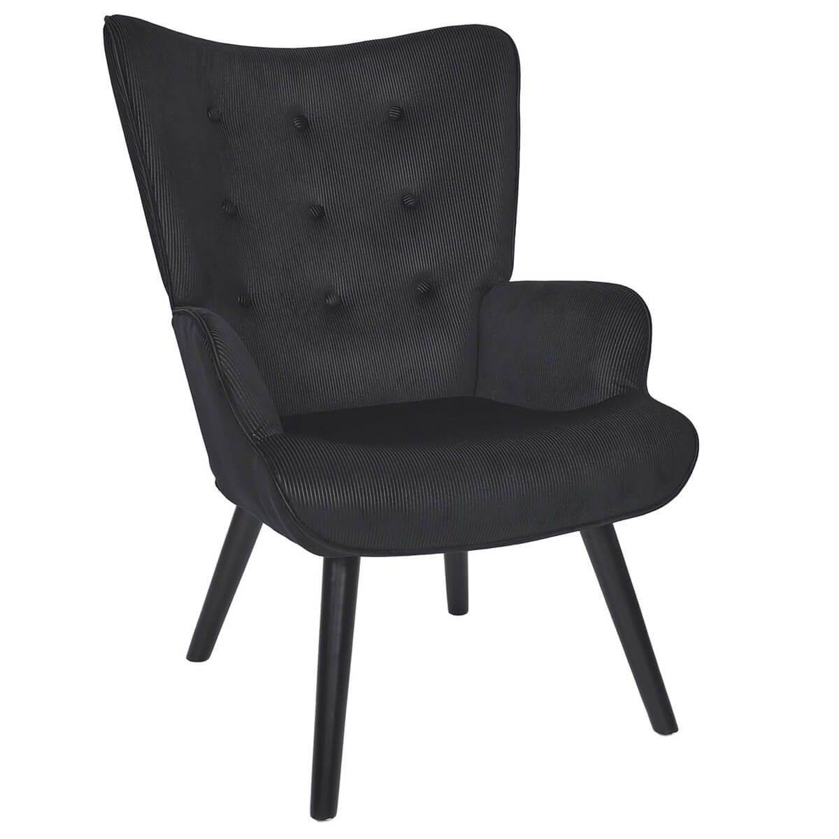 ALTOBUY - Fauteuil Tissu velours côtelé noir et piétement hévéa laqué noir - HAMZA
