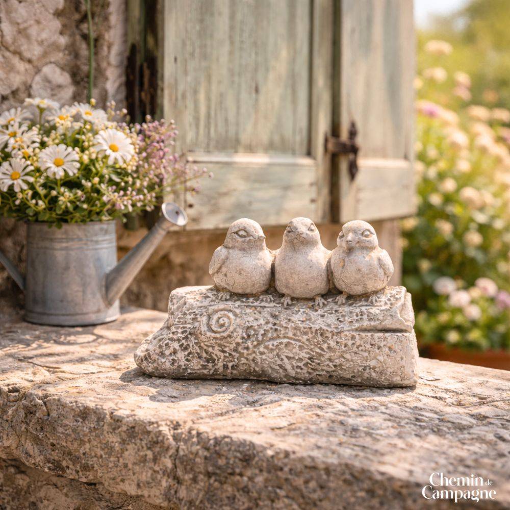 Chemin De Campagne - Trio d'oiseaux décoratifs sur branche en béton gris 15 x 9 x 9.5cm Chemin de campagne - Imagen 2