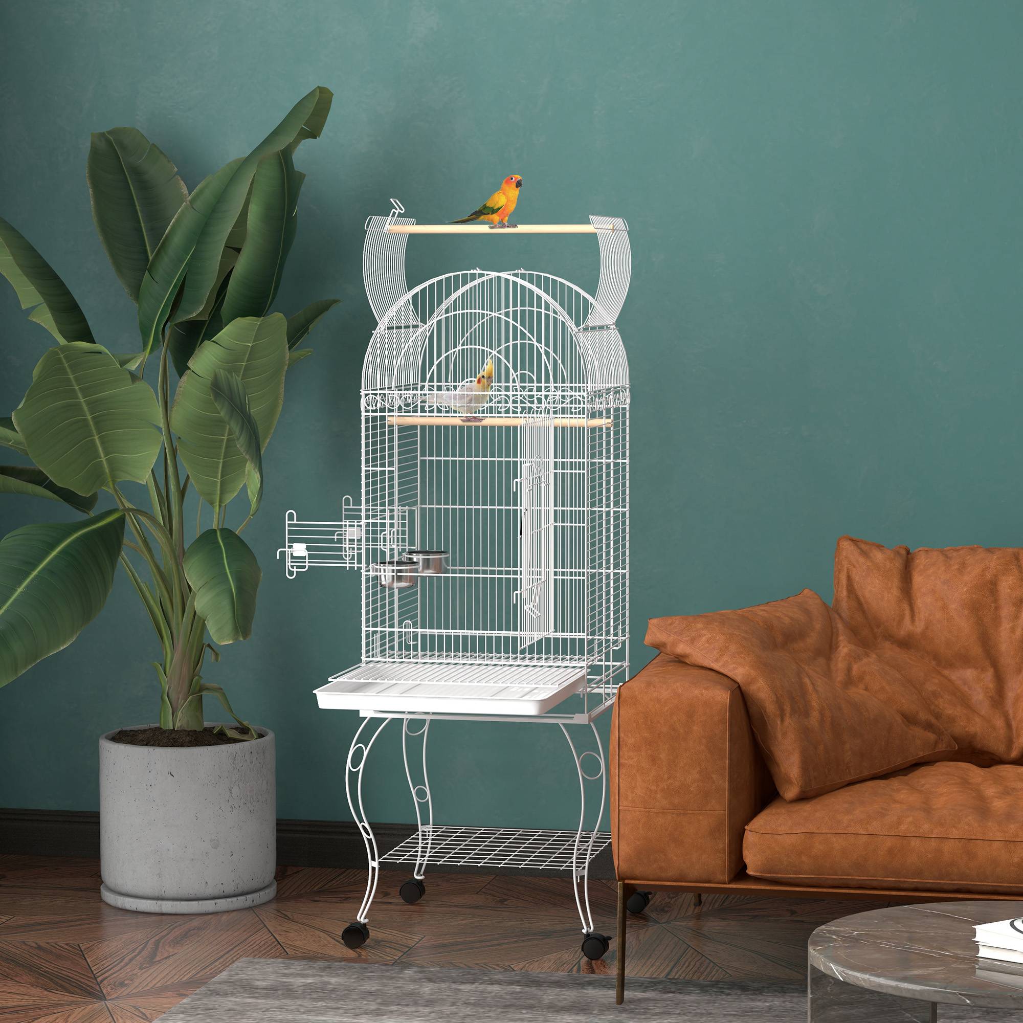 Cage à oiseaux sur roulettes avec étagère plateau amovible 2 bols perchoir acier inoxydable 51 x 51 x 153 cm blanc - Image 3