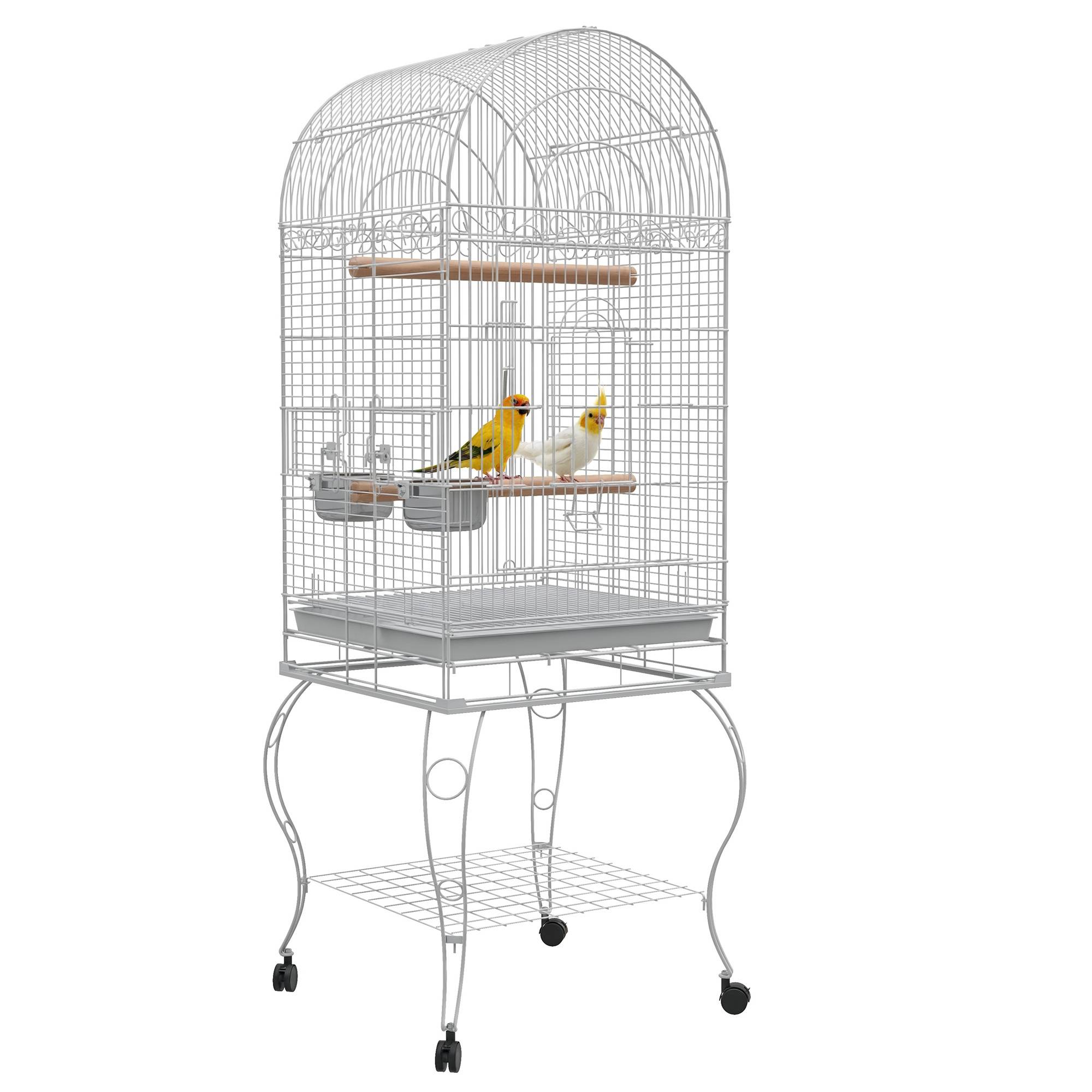 Cage à oiseaux sur roulettes avec étagère plateau amovible 2 bols perchoir acier inoxydable 51 x 51 x 153 cm blanc