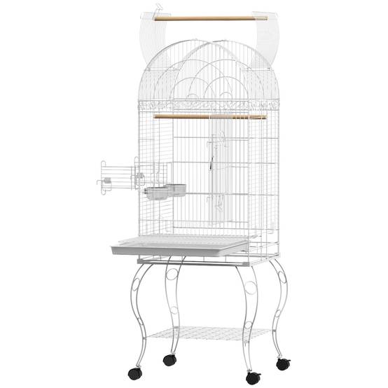 Cage à oiseaux sur roulettes avec étagère plateau amovible 2 bols perchoir acier inoxydable 51 x 51 x 153 cm blanc - Image 2