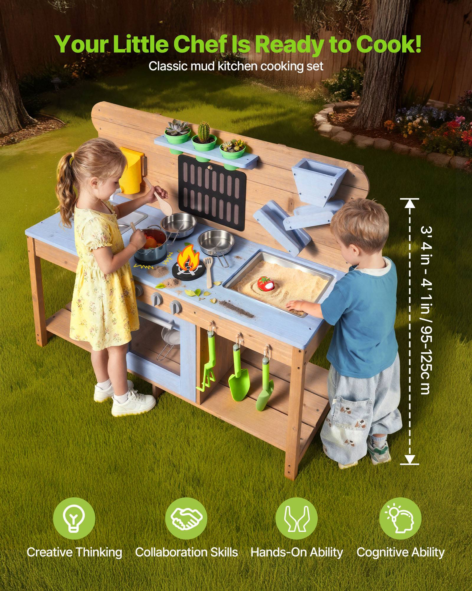Vevor - VEVOR Cuisine à boue 122 cm en sapin, jeu extérieur enfant avec eau et sable, 4 plaques, double évier, robinet fonctionnel et accessoires inclus. - Image 2