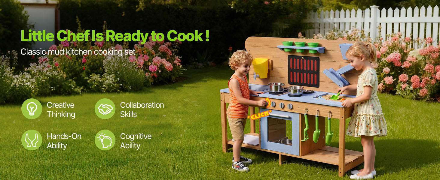 Vevor - VEVOR Cuisine à boue 122 cm en sapin, jeu extérieur enfant avec eau et sable, 4 plaques, double évier, robinet fonctionnel et accessoires inclus. - Image 9