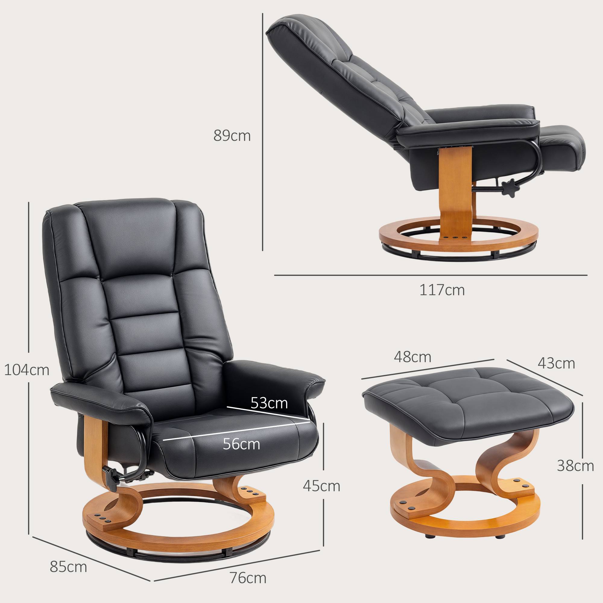 Fauteuil de relaxation inclinable avec repose-pied, pivotant, cadre en bois , revêtement synthétique noir - Image 5