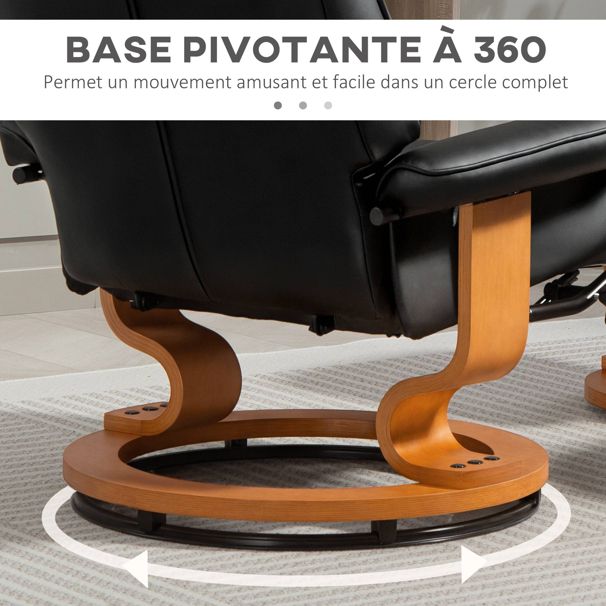 Fauteuil de relaxation inclinable avec repose-pied, pivotant, cadre en bois , revêtement synthétique noir - Image 7