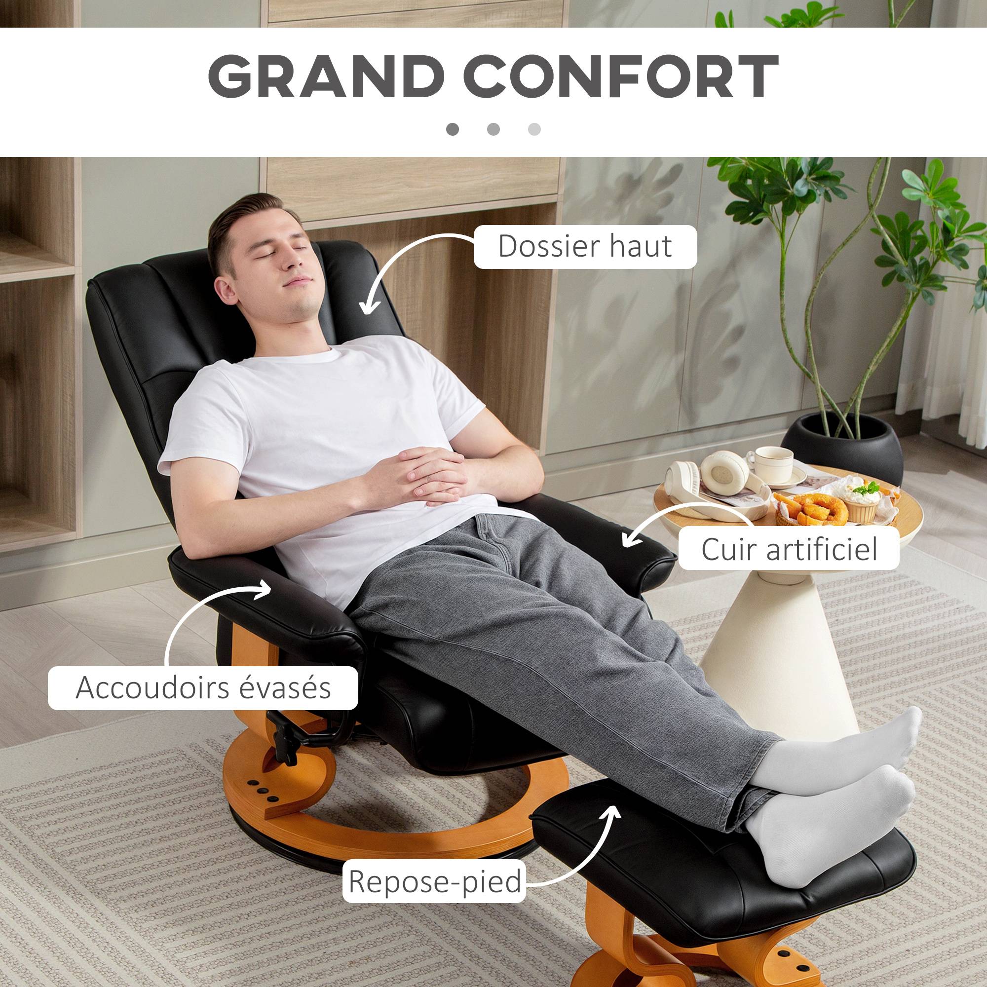 Fauteuil de relaxation inclinable avec repose-pied, pivotant, cadre en bois , revêtement synthétique noir - Image 8