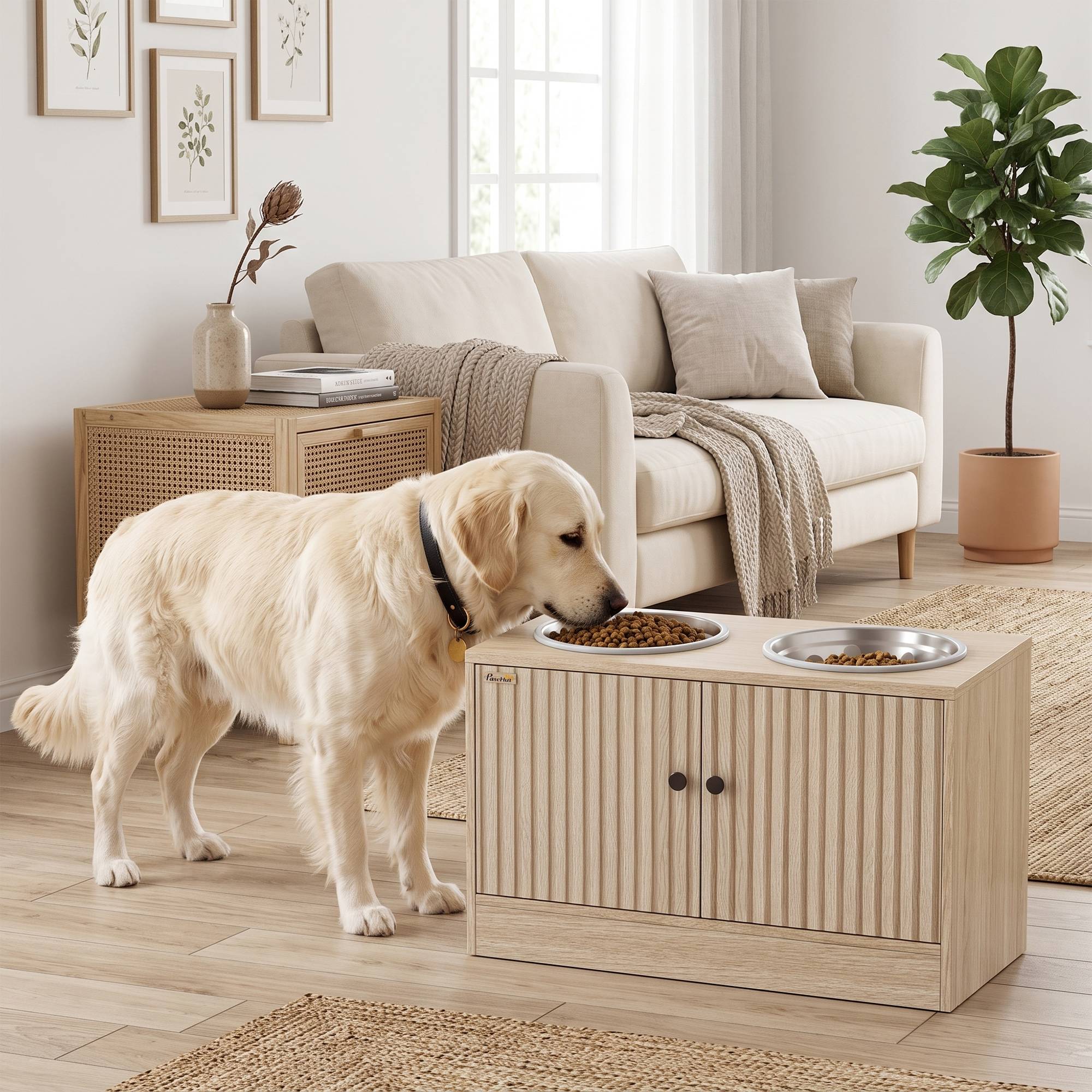 ComfortXL - Station repas chien surélevée panneau aggloméré effet chêne 2 gamelles inox 2 L rangement 40 L grands chiens - Image 9